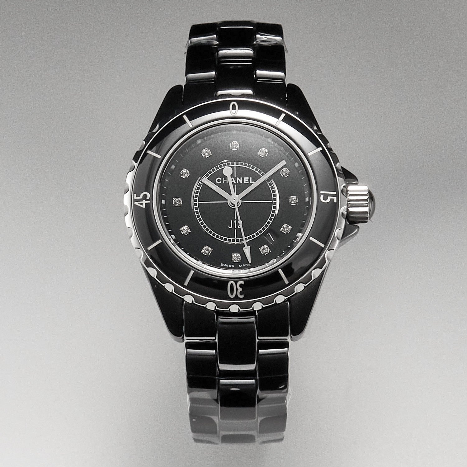 Chanel Watch J12 Date Quartz Black Ceramic Diamond Numerals Black Dial