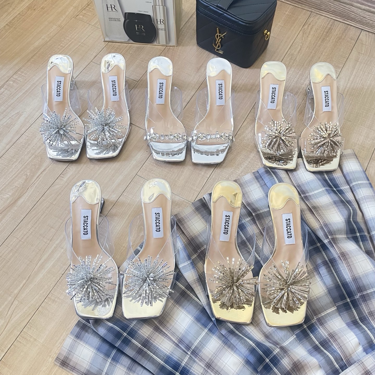 Staccato Crystal-Embellished Clear Platform Mules