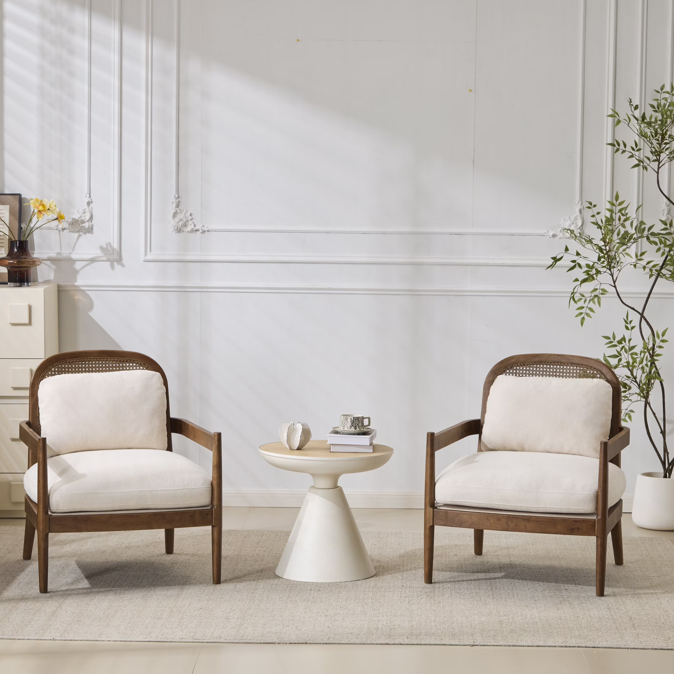 Christopher Knight Home Mid-Century Modern Accent Chairs, Wood Frame with Rattan Backrest, Beige Stripe Cushions, Set of 2