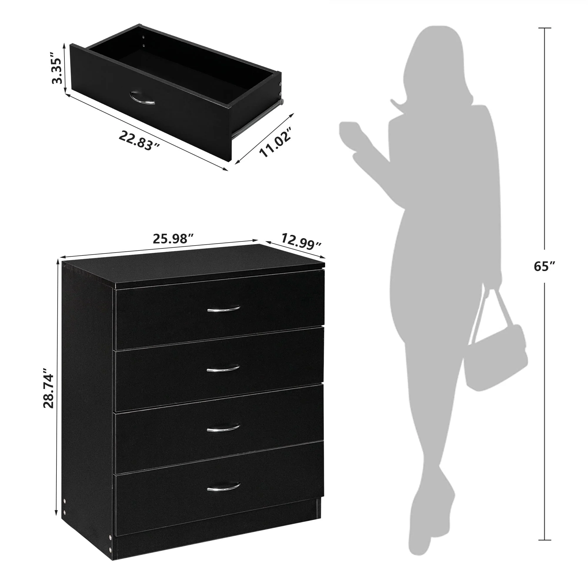 Segmart Black Chest of 4 Drawers, Wood Bedroom Furniture Chest Cabinet with Metal Handles for Kids Room