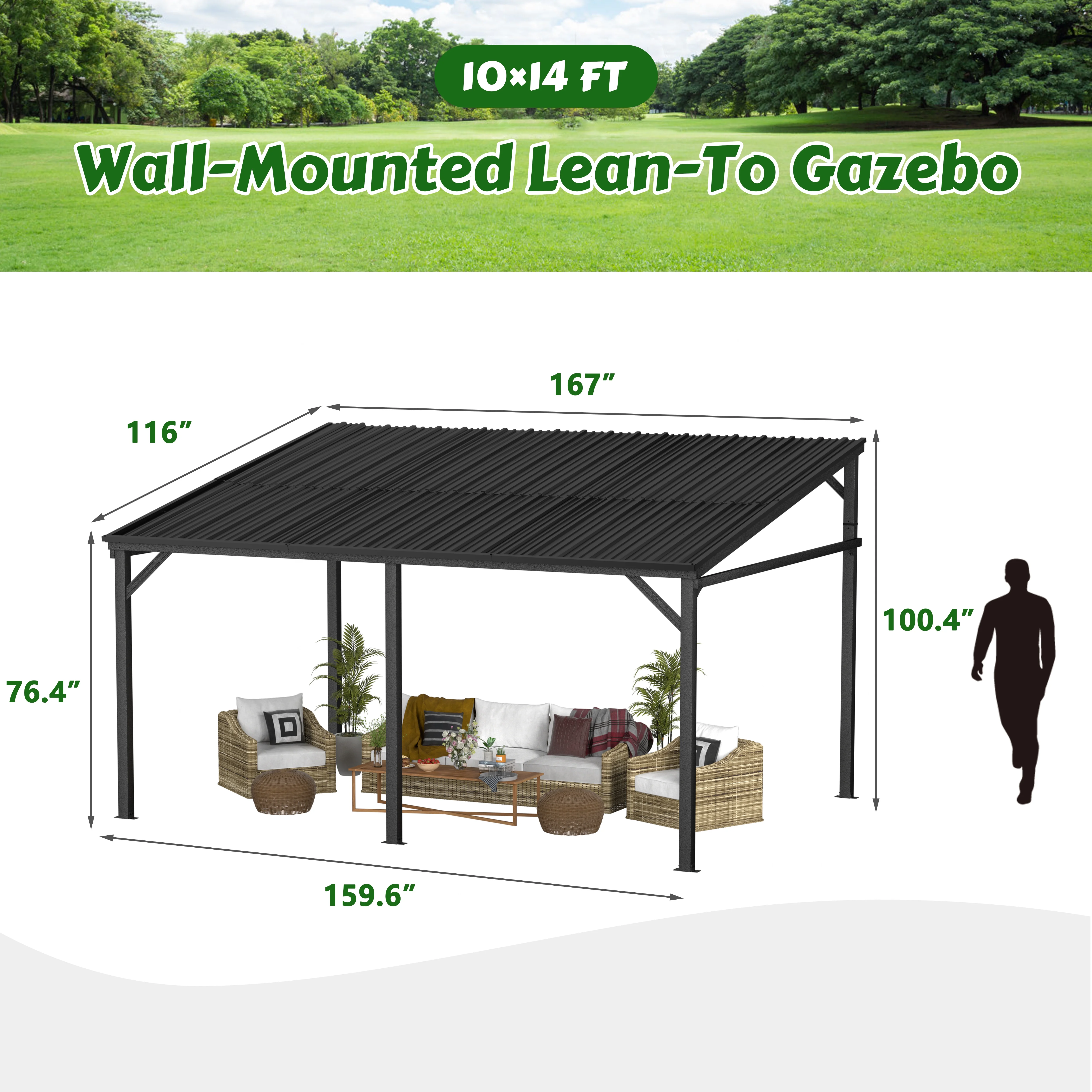 VEIKOUS 14' x 10' Outdoor Hardtop Gazebo, Patio Lean-to Pergola W/ Heavy Duty Galvanized Metal Roof, Black