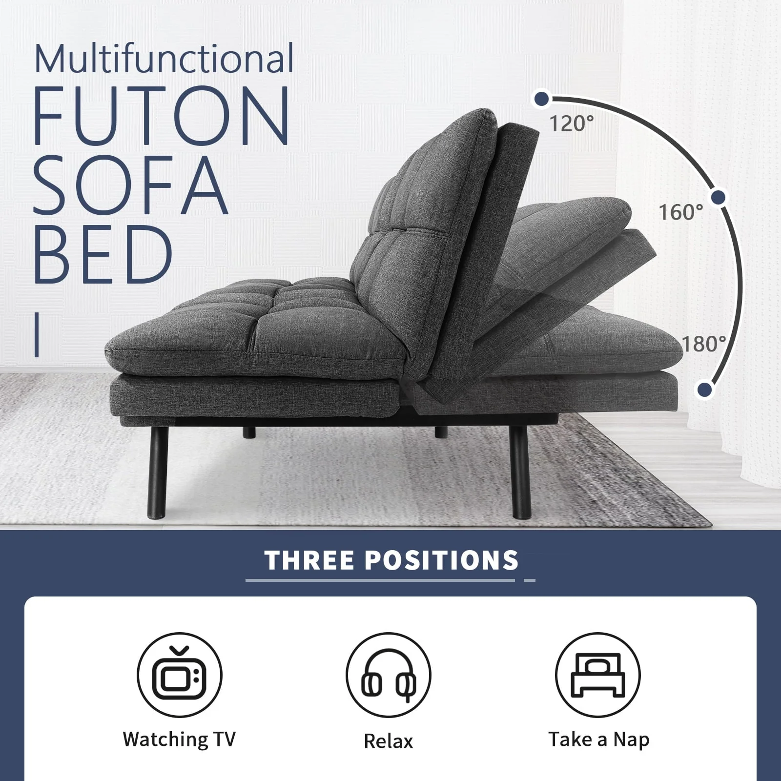 Convertible Memory Foam Futon Sofa Bed with Adjustable Armrests and Backrest,Gray