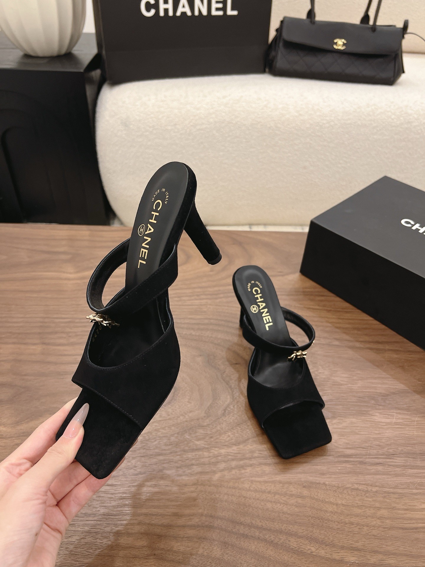 Chanel 26K Black Camellia Buckle Suede Leather Square Toe Sandals Mules Heels