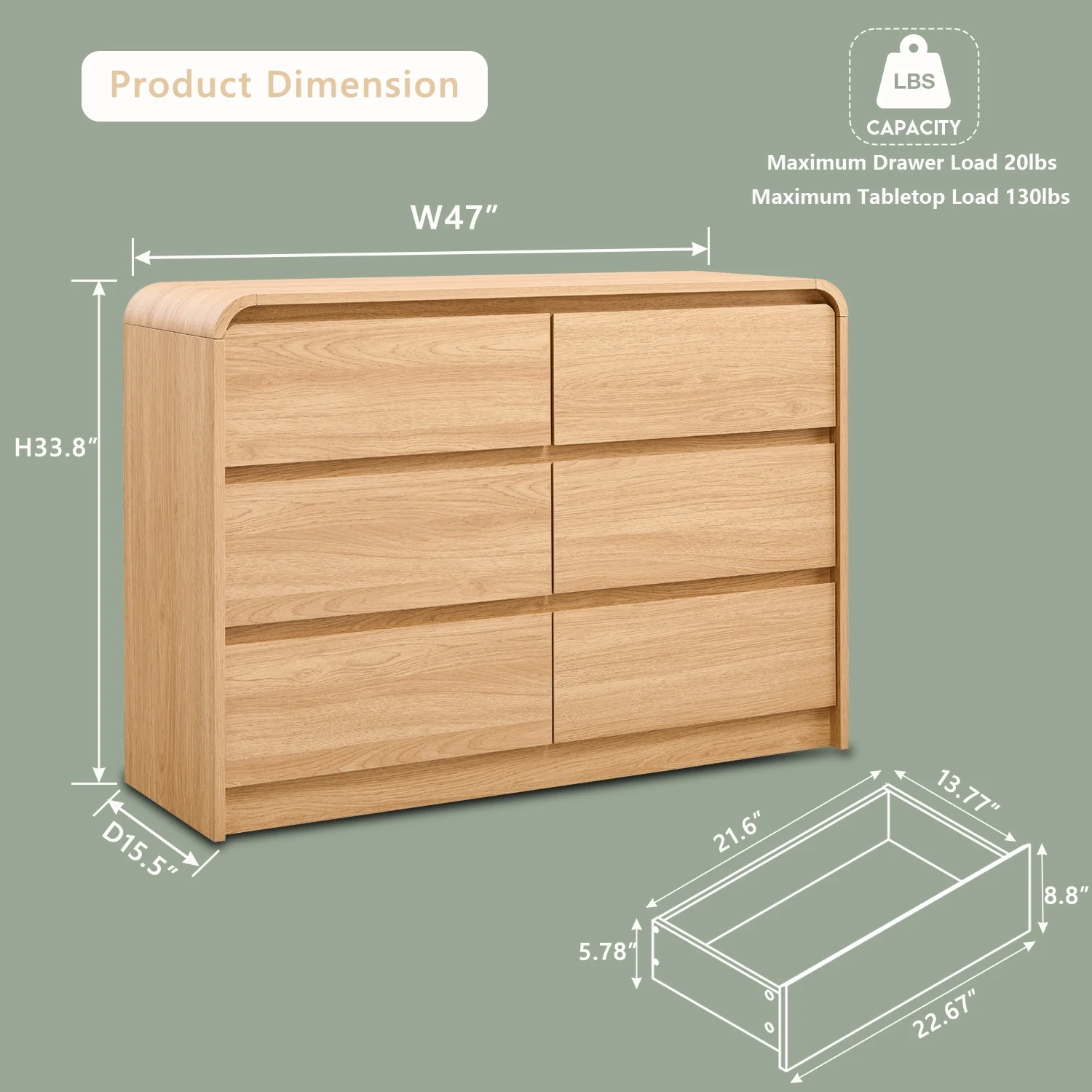 wow97e Modern 6 Drawers Dresser for Bedroom, 47