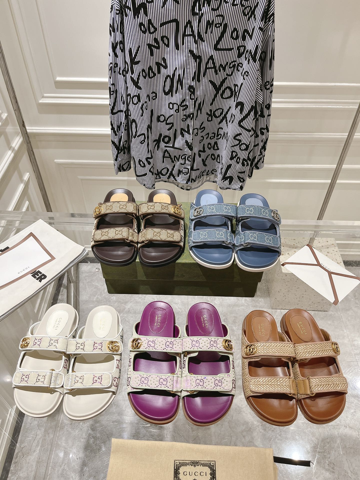 Gucci GG Monogram Strass Embroidered & Raffia Woven Double Strap TPU Platform Flat Slide Sandals