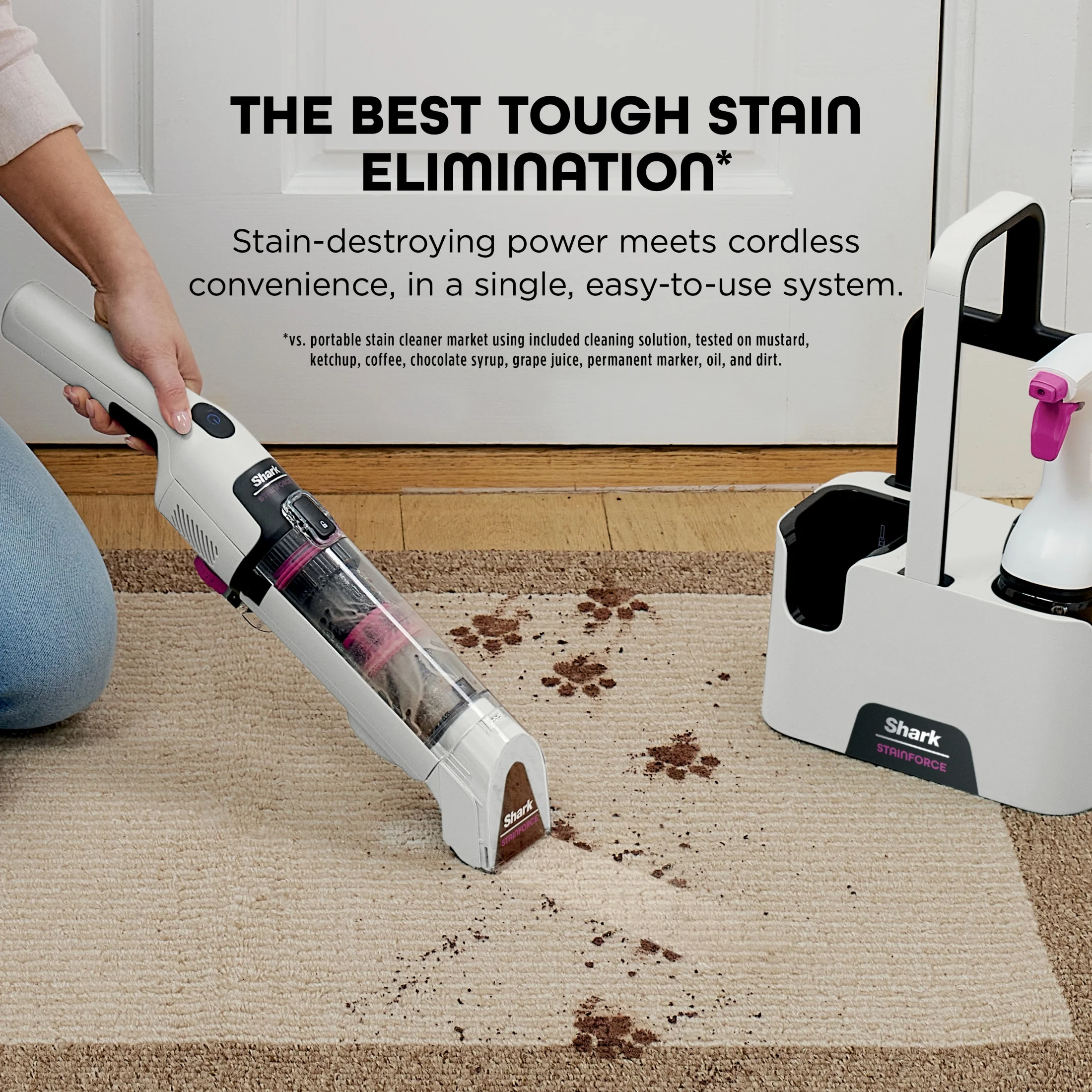 Shark StainForce Cordless Portable Spot, Stain, & Odor Remover System for Carpets, Area Rugs, Upholstery, Stairs, Cars, with Storage Caddy, and Full-Size Cleaning Solution, White, HX100