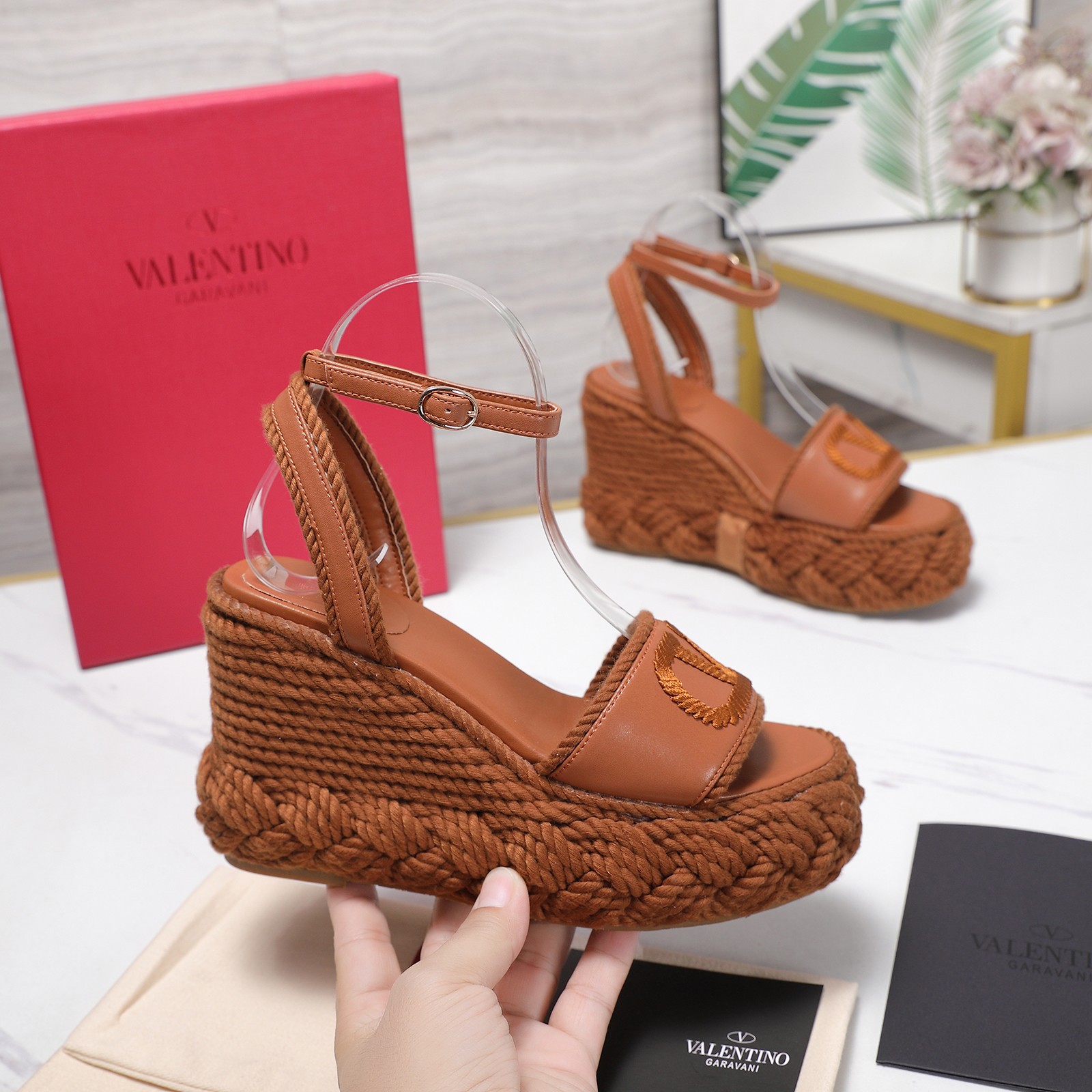 Valentino Garavani Tan Smooth Leather VLogo Embroidered Platform Jute Wedge Espadrille Sandal Heels