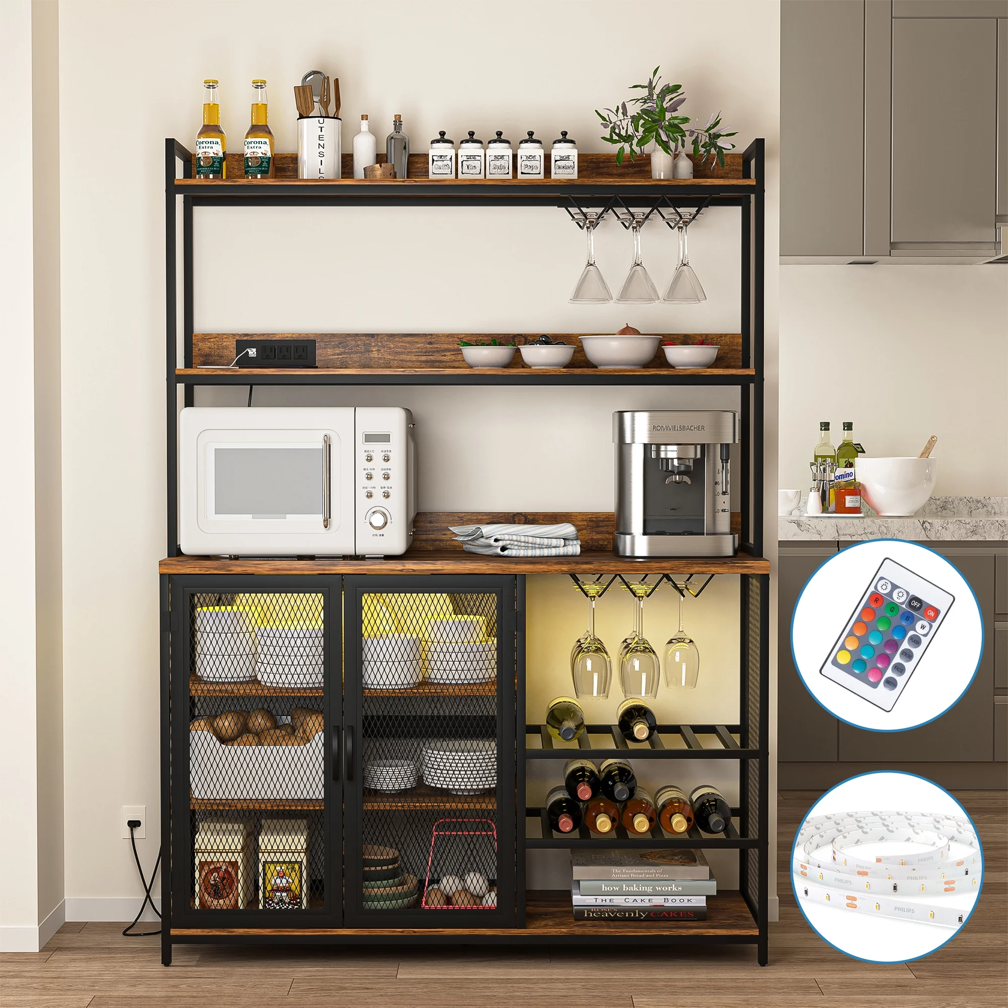 Kepooman Coffee Bar Cabinet with Power Outlet, Industrial Buffet Cabinet with LED Strip and Glass Holder, 3-Tiers Liquor Cabinet Bar for Home, Dining Room, Kitchen, Vintage Brown