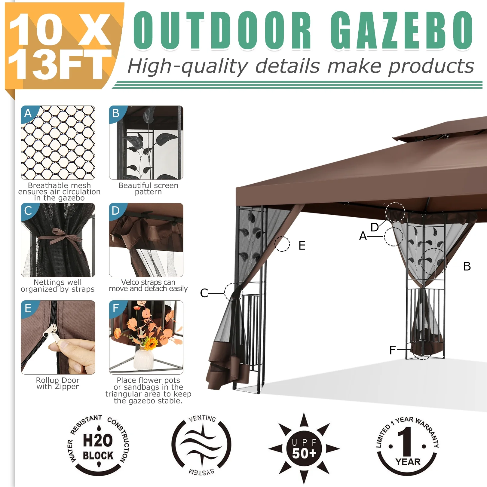 COBIZI 10'x 13' Metal Patio Gazebo, Outdoor Gazebo Canopy Tent for Backyard with Mosquito Netting, Gazebos Shelter with Steel Frame, Patio Covers for Sun and Rain, Brown