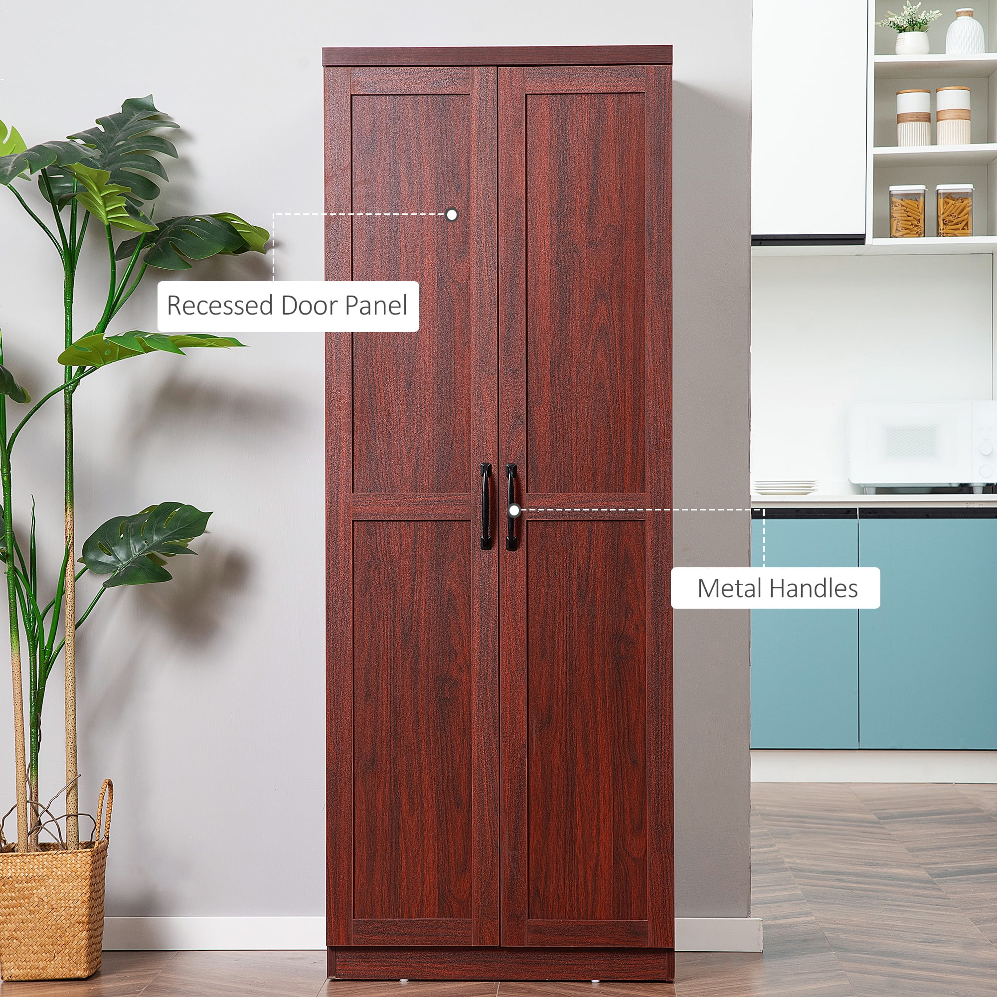 DUOSONG 63" 2-Door Kitchen Pantry, Freestanding Storage Cabinet With 5-Tier Shelving And 2 Adjustable Shelves For Dining Room, Cherry Wood Color Espresso Particle Board Primary Living Space Cabinets