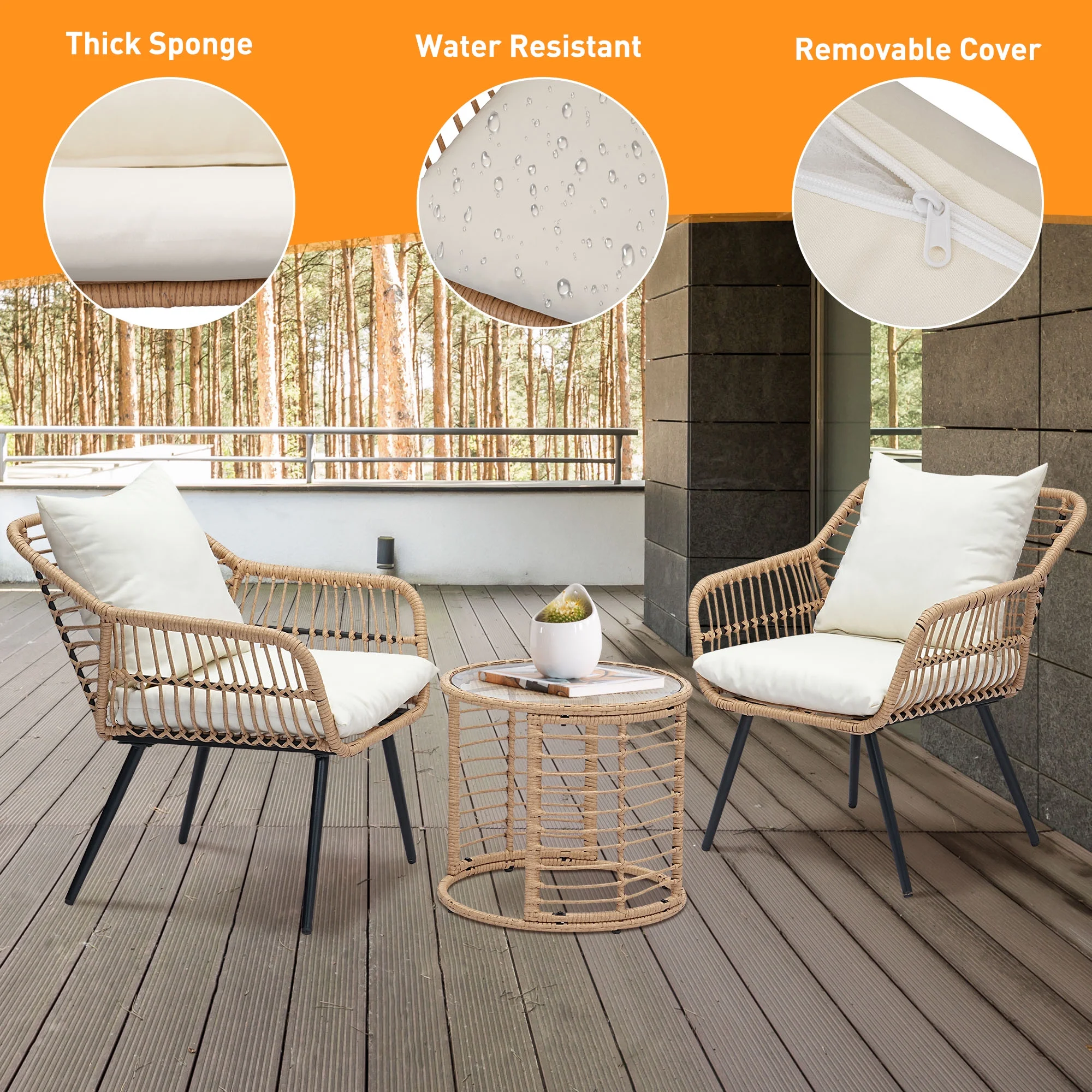 Ainfox 3-Piece Steel Outdoor Bistro Sets with Metal Chairs and Glass Top Table, Beige