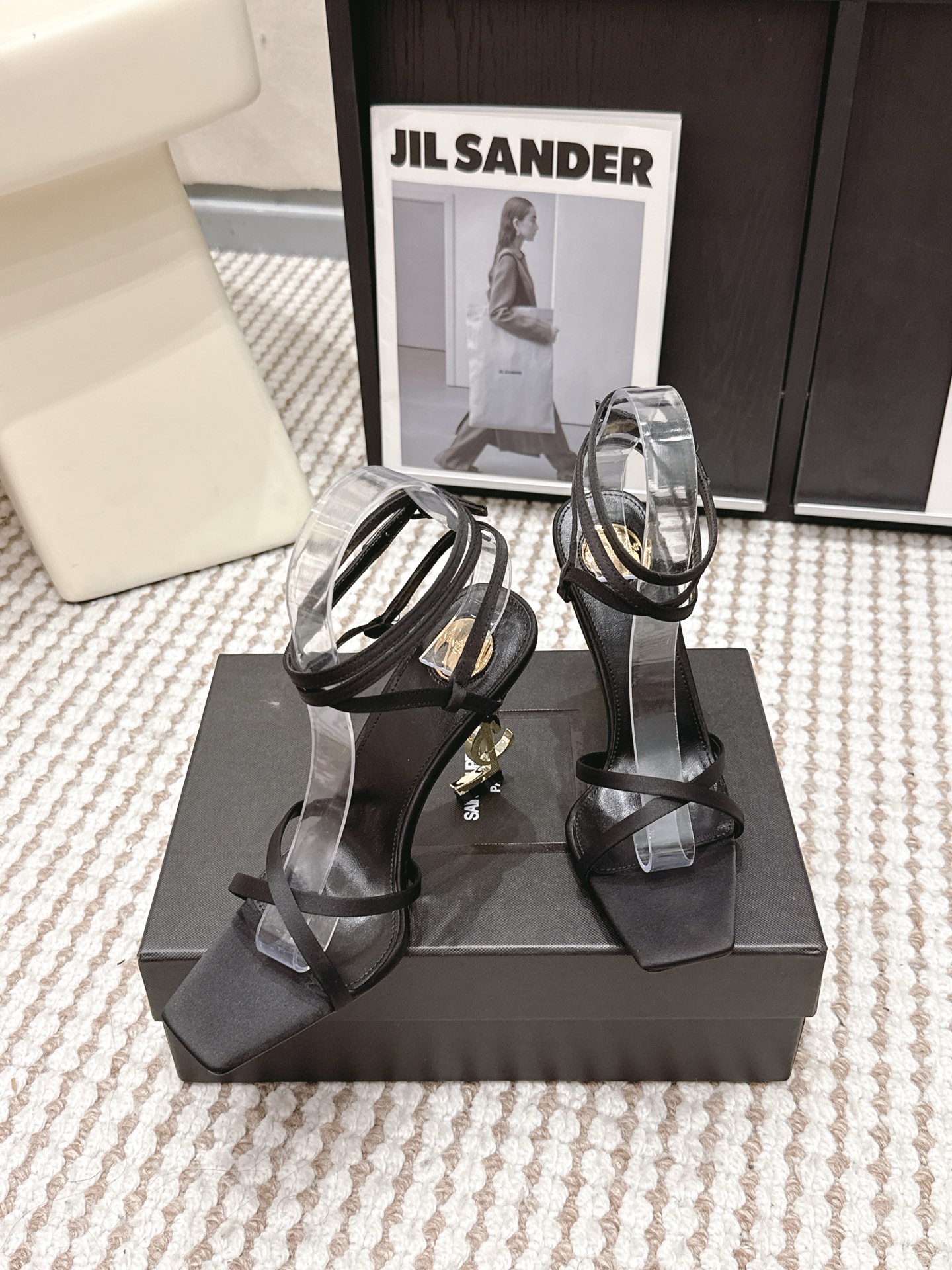 YSL Satin/Patent/Smooth Leather Square Toe Crisscross Strappy Cassandre YSL Logo Opyum Heel Sandals