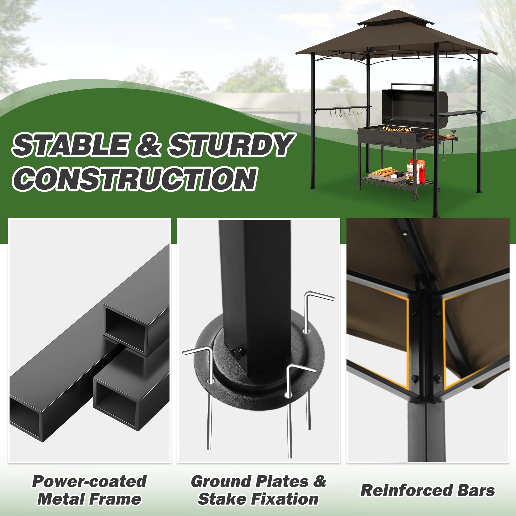 GARTOO 5x8 Grill Gazebo with LED Lights, Double-Vented Roof, UV Protection - Perfect for Outdoor BBQ & Patio, Brown