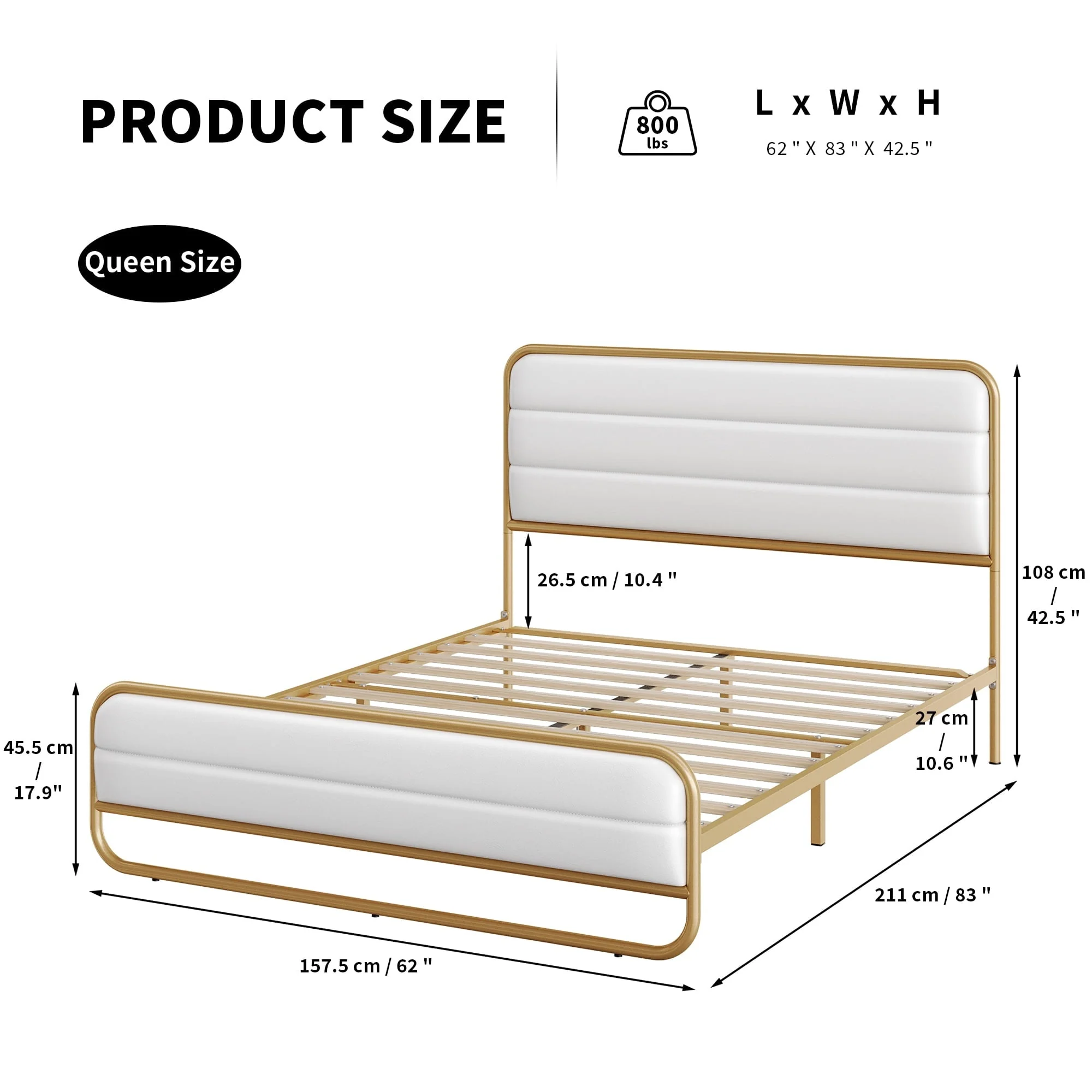 Homfa Queen Size Bed Frame, Gold Metal Tubular Platform Bed with PU Leather Upholstered Headboard, 10.6" Under Bed Storage, White