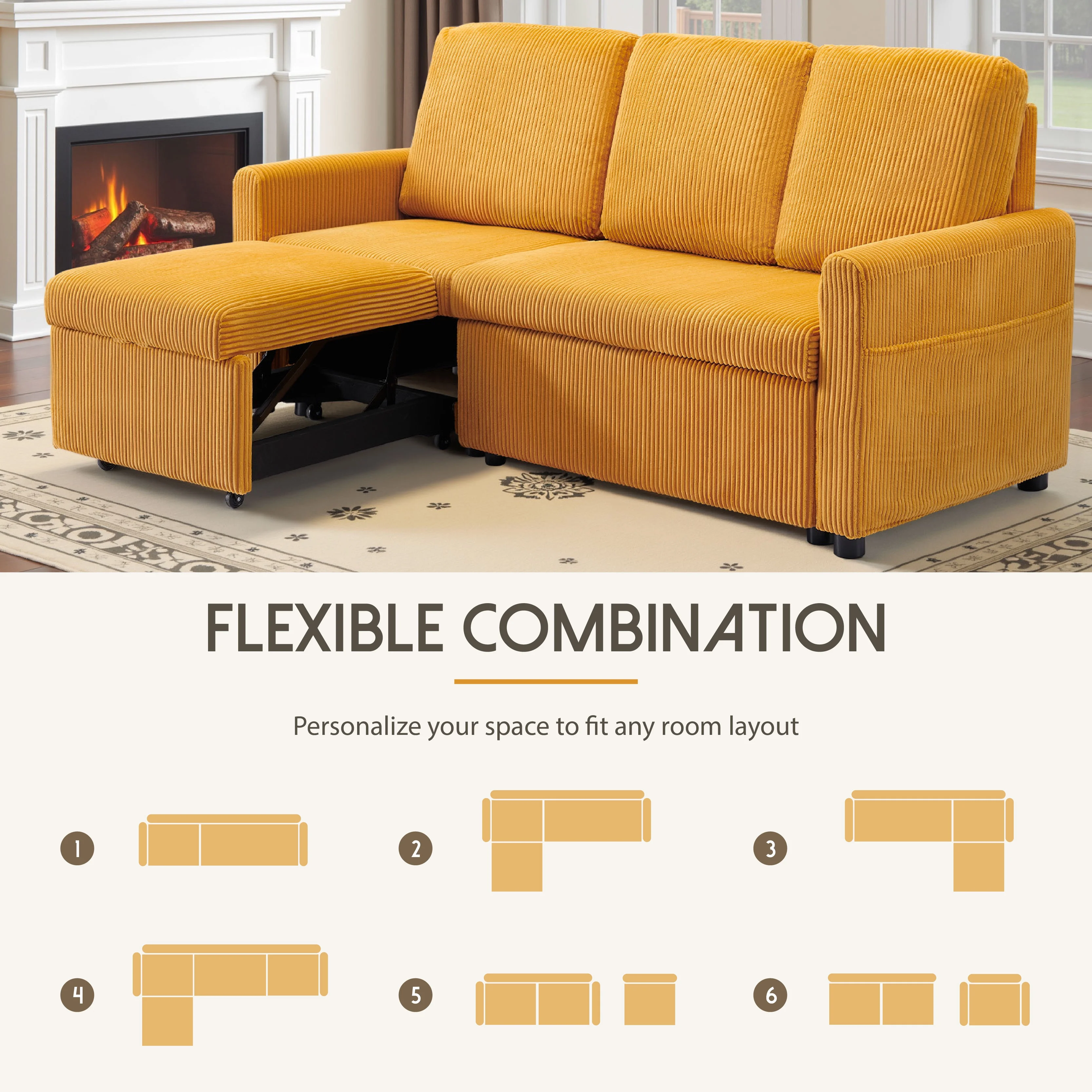 Buenhomino L Shaped Convertible Sleeper Sofa Bed, 71" Sectional Couch for Living Room - Pull Out Bed, Reversible Chaise with Hidden Storage,Yellow