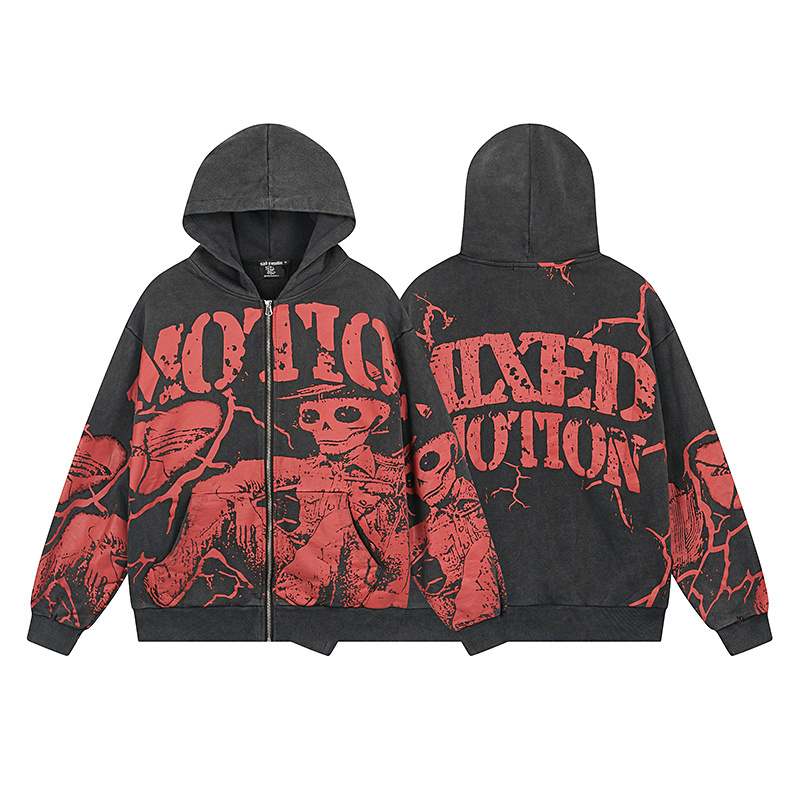 Red vintage-style washed and printed hooded sweater with a worn-in look