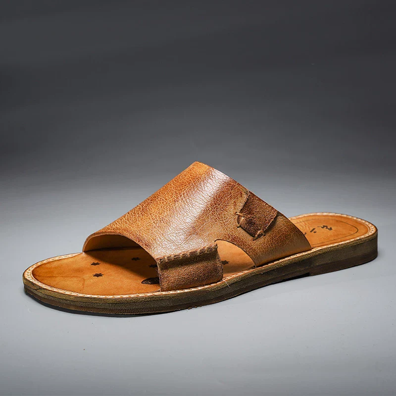 Original handmade retro first-layer cowhide casual high-end one-word slippers