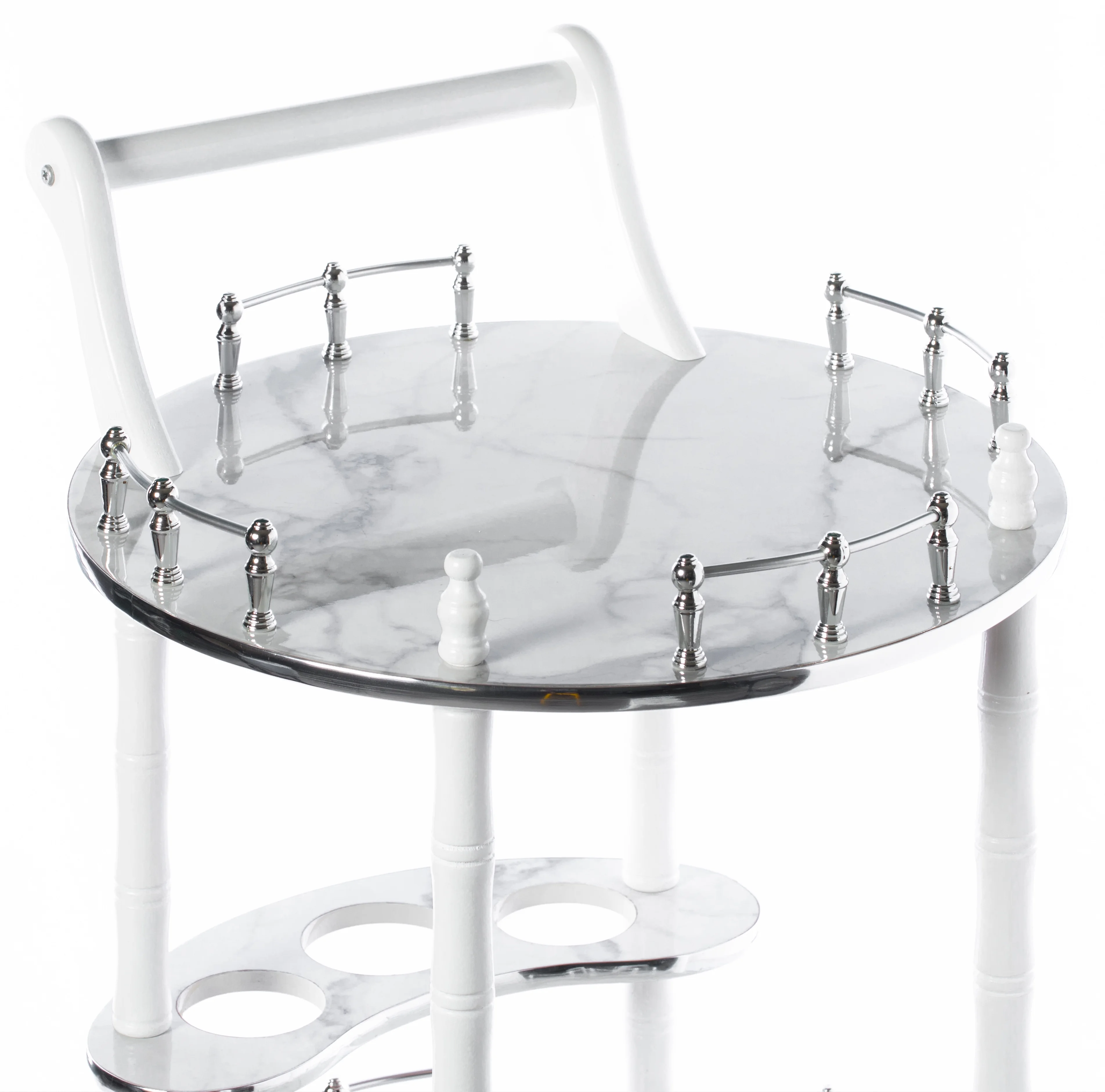 Round Wood Serving Bar Cart Tea Trolley with 2 Tier Shelves and Rolling Wheels, Silver, White and Gray
