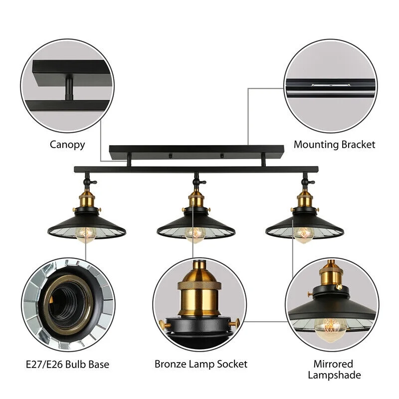 Lakiq Industrial 3 Lights Ceiling Light Black Cone Shade Semi Flush Mount Ceiling Light Home Kitchen Living Room