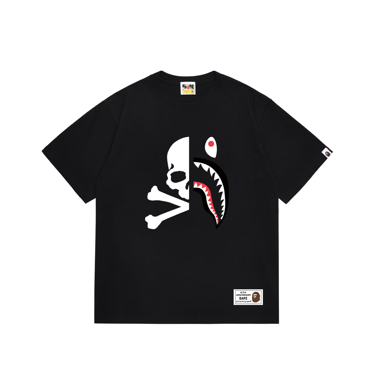 Dark-themed skull-head with shark-patterned short-sleeved shirt