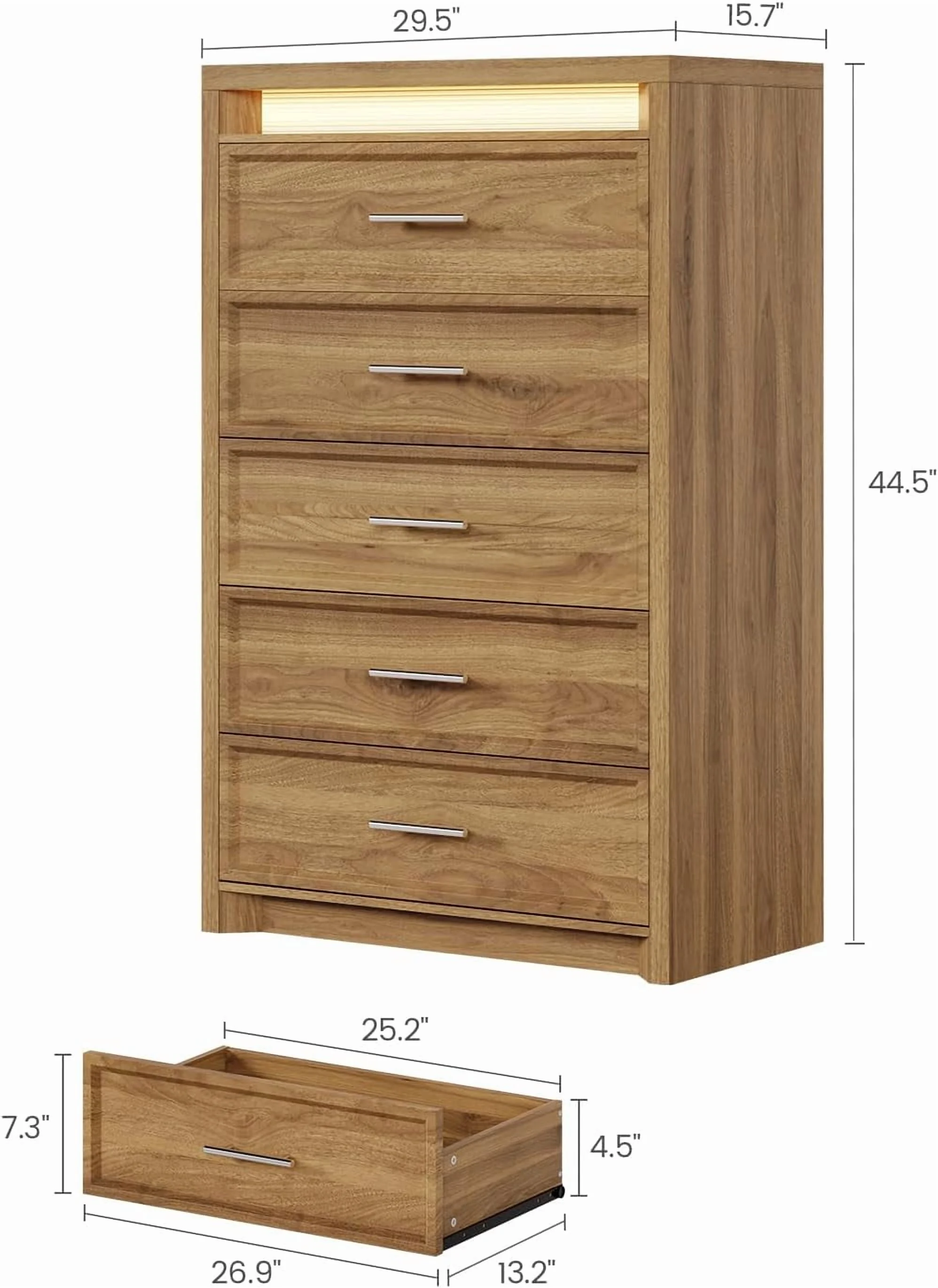 AOGLLATI Mid-Century Modern Dresser for Bedroom with 5 Drawer, Dressers& Chests of Drawers, 44.5 Tall Wood Dresser with 3 Color Lights for Bedroom, Wood