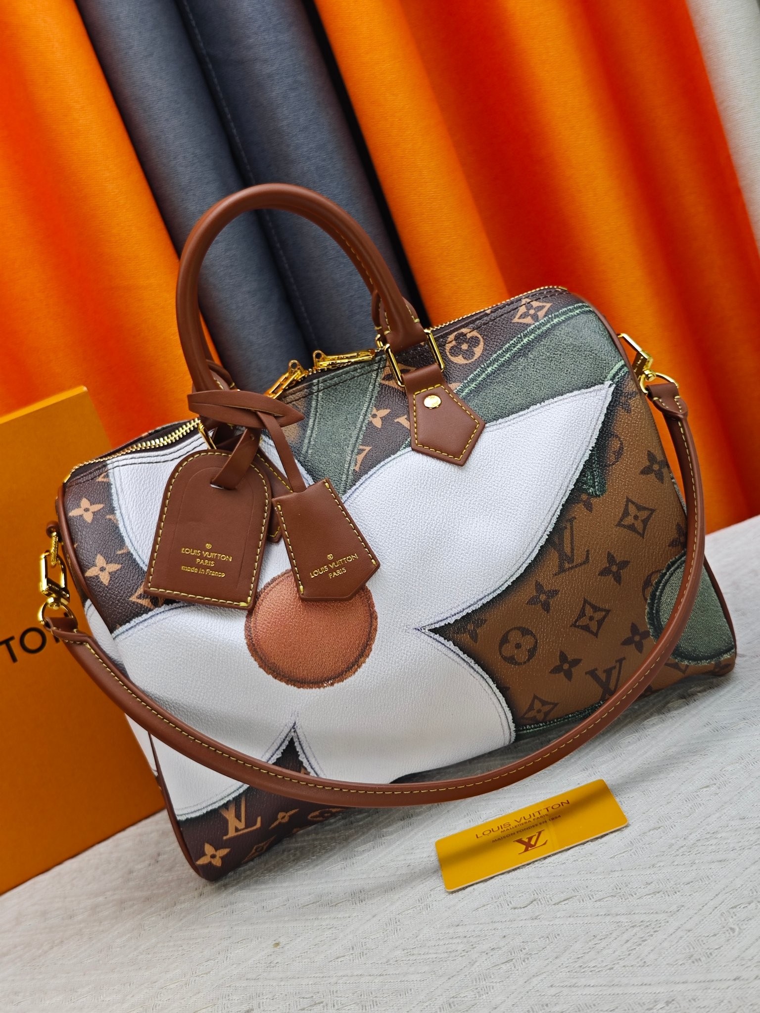 LV Speedy 30 Monogram Giant White Flower Print Olive Canvas Boston Top Handle Bag