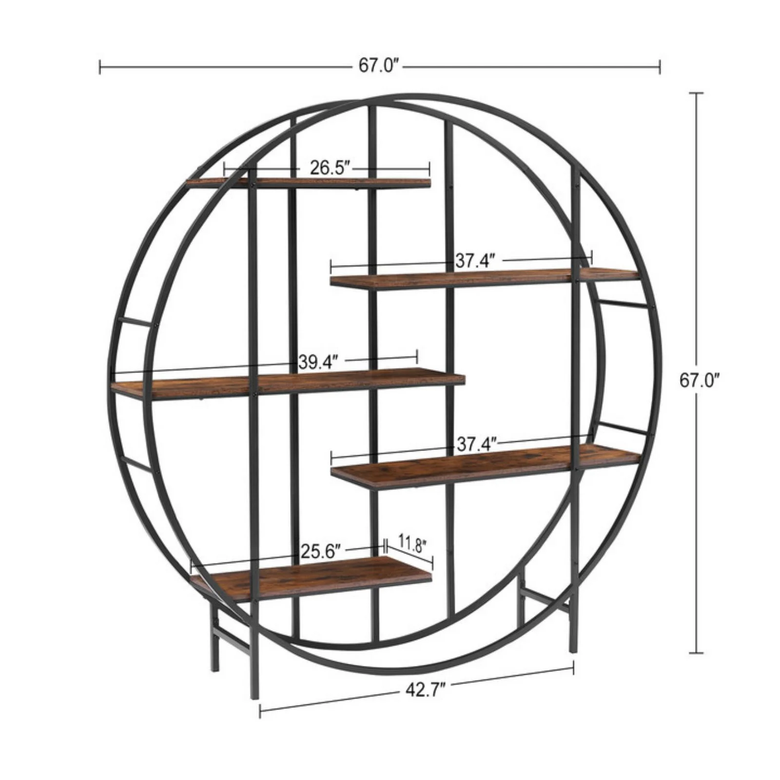 GymChoice Round Bookcase, Industrial Bookshelf Multi-Functional Plant Display Stand with 5 Shelving Units, Circle Retro Display Shelf for Living Room Terrace Garden Balcony, Rustic Brown