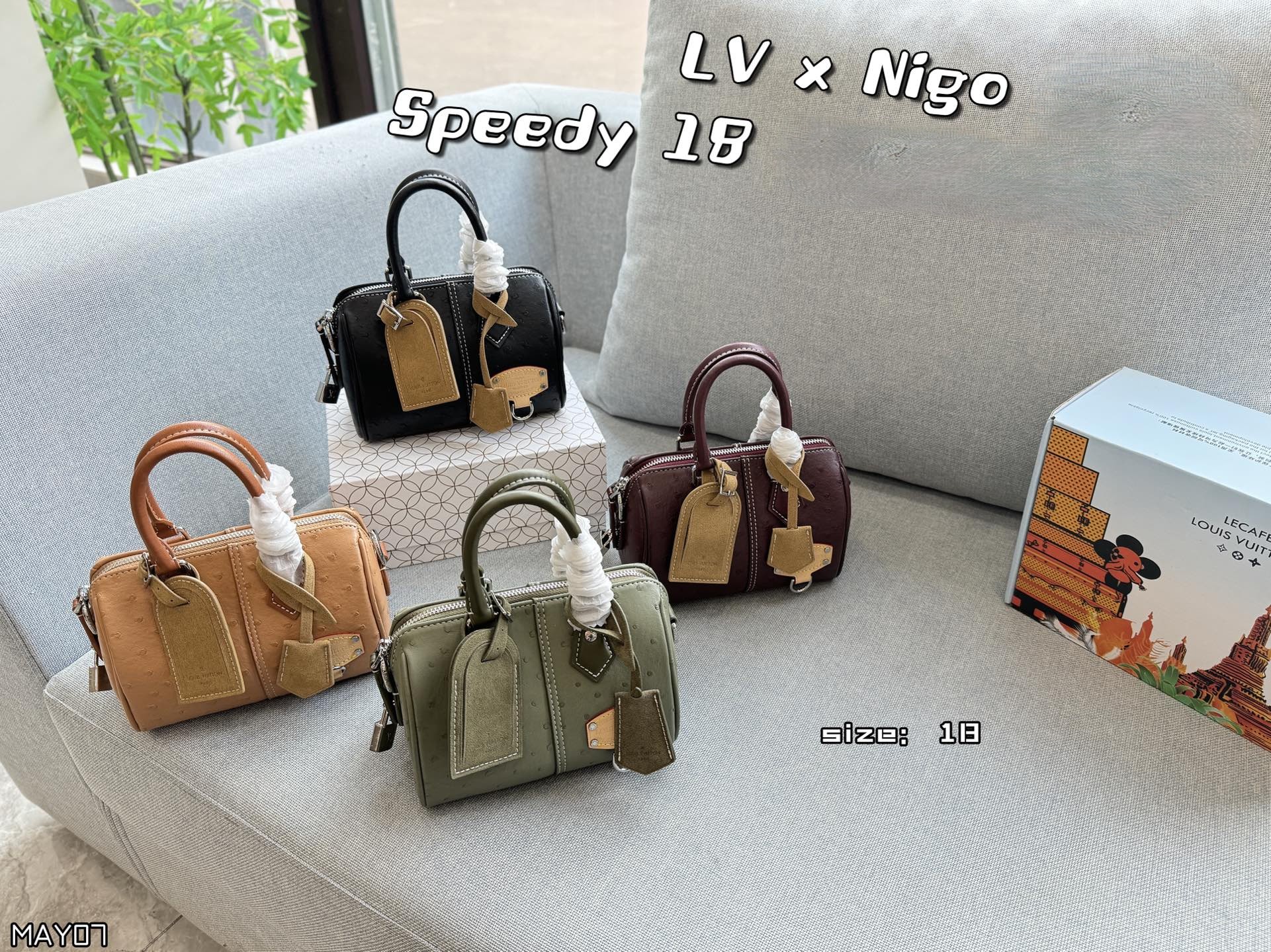 LV x Nigo LV Speedy 18 Ostrich Embossed Leather Suede Tag Boston Top Handle Bag