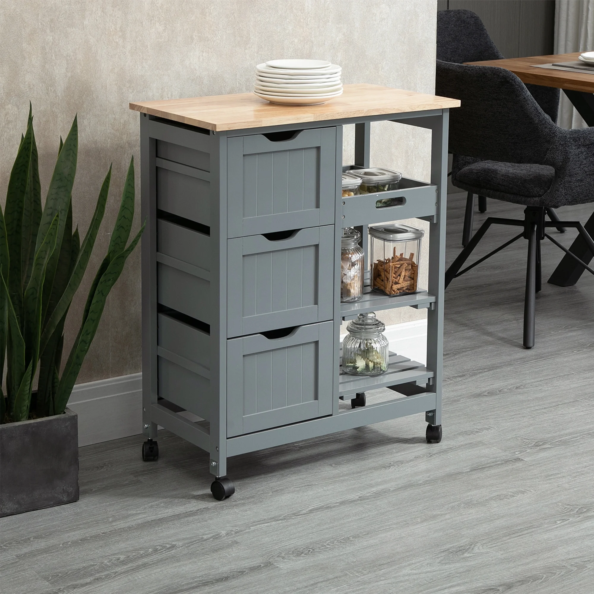 HOMCOM Rolling Kitchen Island Cart, Bar Serving Cart, Compact Trolley on Wheels with Wood Top, Shelves & Drawers for Home Dining Area, Grey
