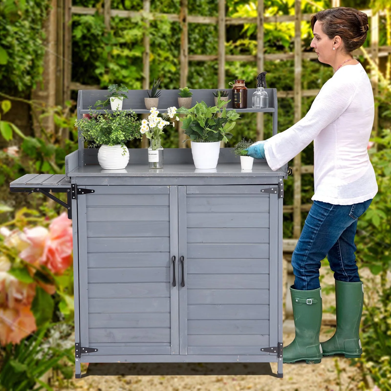 Kojooin Wooden Potting Bench Table C Outdoor Gardening Furniture with Metal Top, Storage Cabinet & Adjustable Shelf for Patio, Garden, Greenhouse