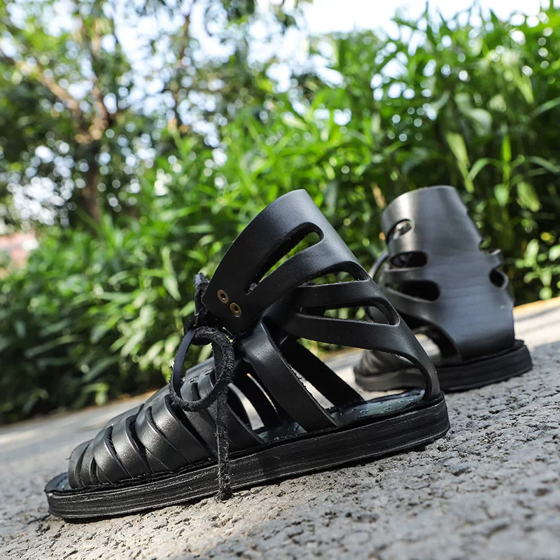 Men's handmade first-layer cowhide retro high-top sandals