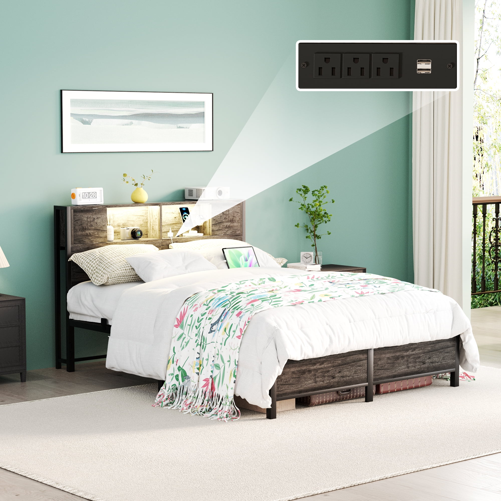 Homieasy Full Size Bed Frame with Charging Station and LED Lights, Industrial Platform Metal Bed with Headboard and Storage, Steel Slat Support, No Box Spring Needed, Noise-Free, Black Oak