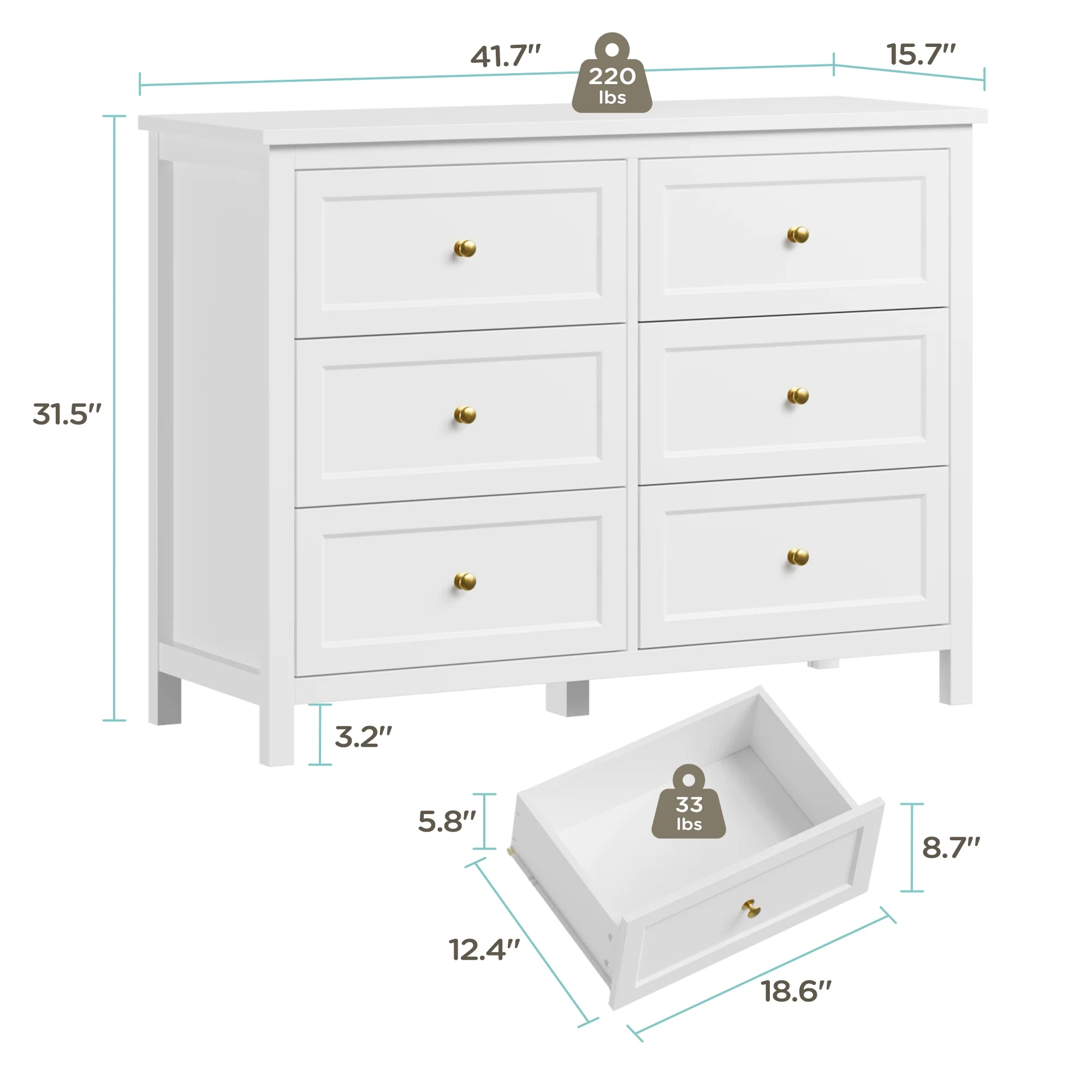 DIYART 6 Drawer Dresser for Bedroom, 41" Wide Large Chest of Drawers with Golden Handles, Modern Modern Bedroom Storage Dresser for Closet and Living Room, White