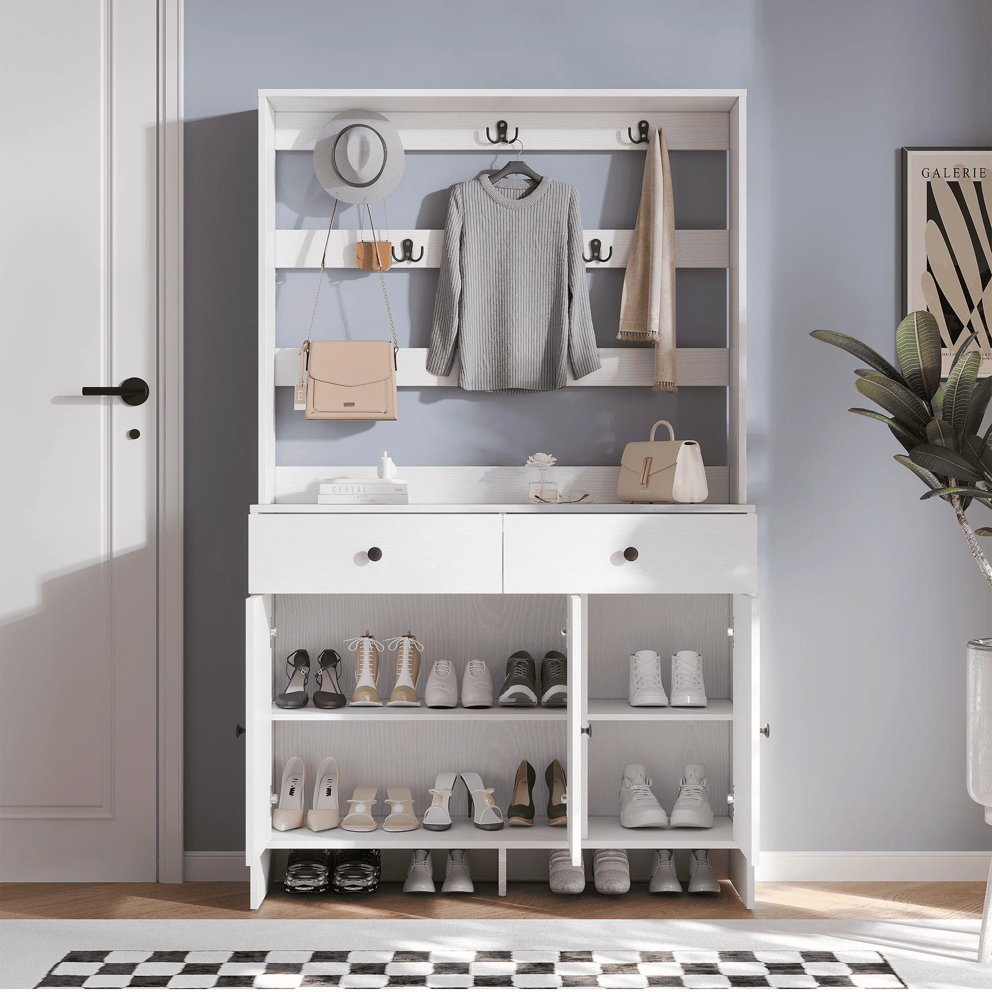 RichYa 65"H Shoe Storage Cabinet with Hat & Coat Rack,Entryway Shoe Rack with 3 Doors,Mudroom Furniture Hall Tree for Hallway,White