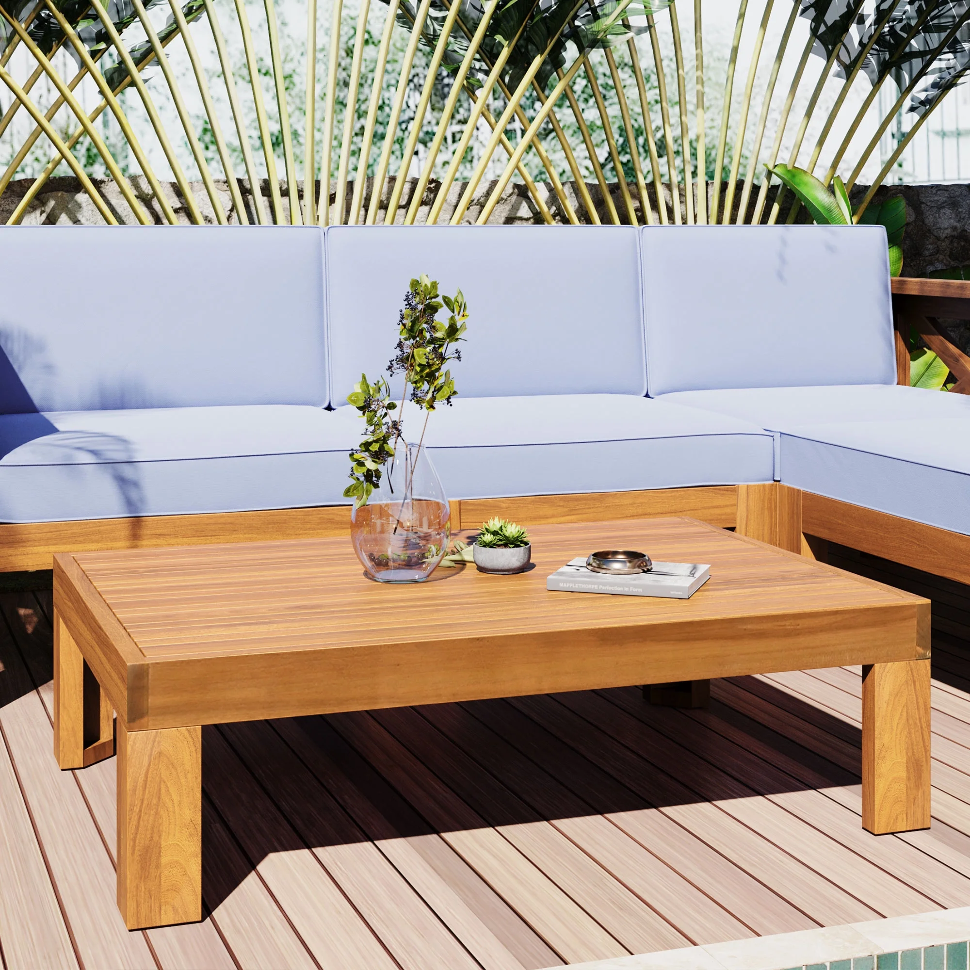 TOPMAX Outdoor Backyard Patio Wood 5-Piece Sectional Sofa Seating Group Set with Cushions, Natural Finish+ Gray Cushions