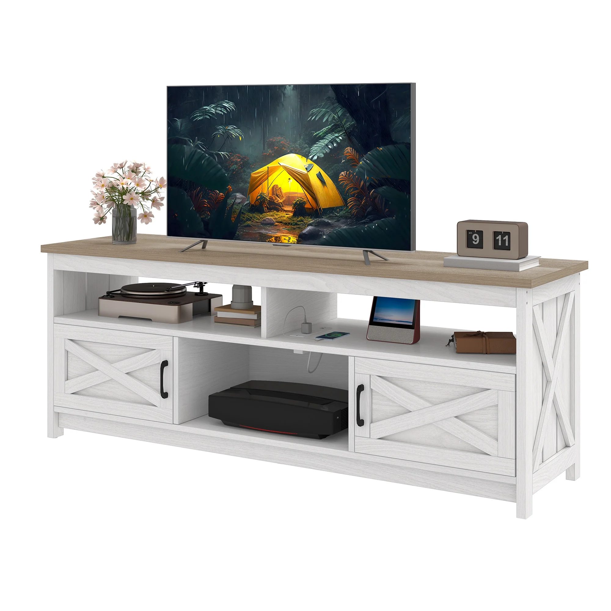 Uforic 65" Farmhouse TV Stand for 60/65 Inch TV with Power Outlet,Entertainment Center TV Console with Door, White & Brown