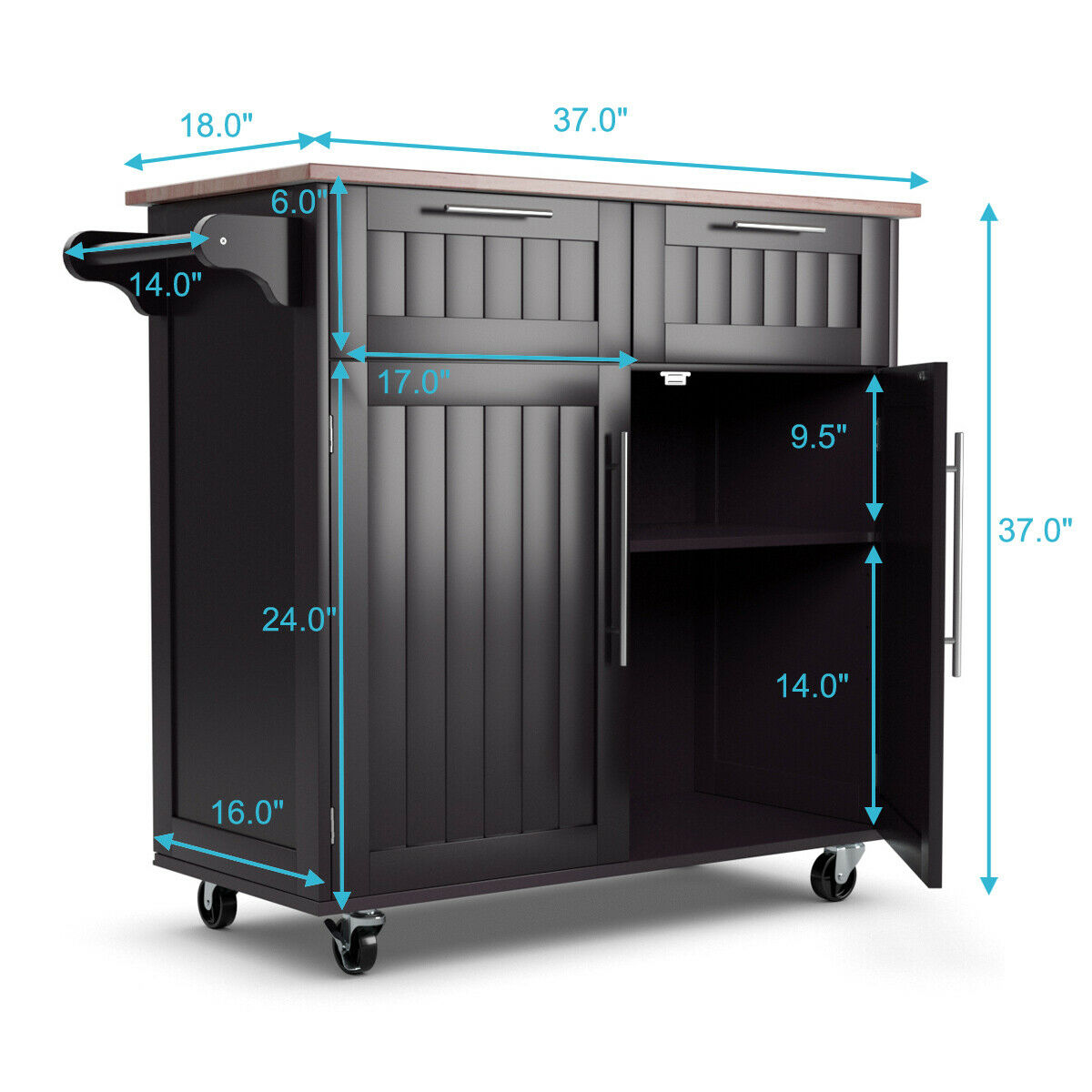 Giantex Kitchen Island on Wheels, Rolling Kitchen Island Cart with Rubber Wood Top, Side Handle, Large Drawers, 2-Door Cabinet for Kitchen and Dining Room, 37 x 18 x 37 inches