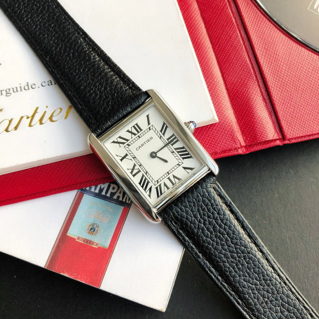 CARTIER Watch TANK SOLO SILVER CASE BLACK CALFSKIN LEATHER