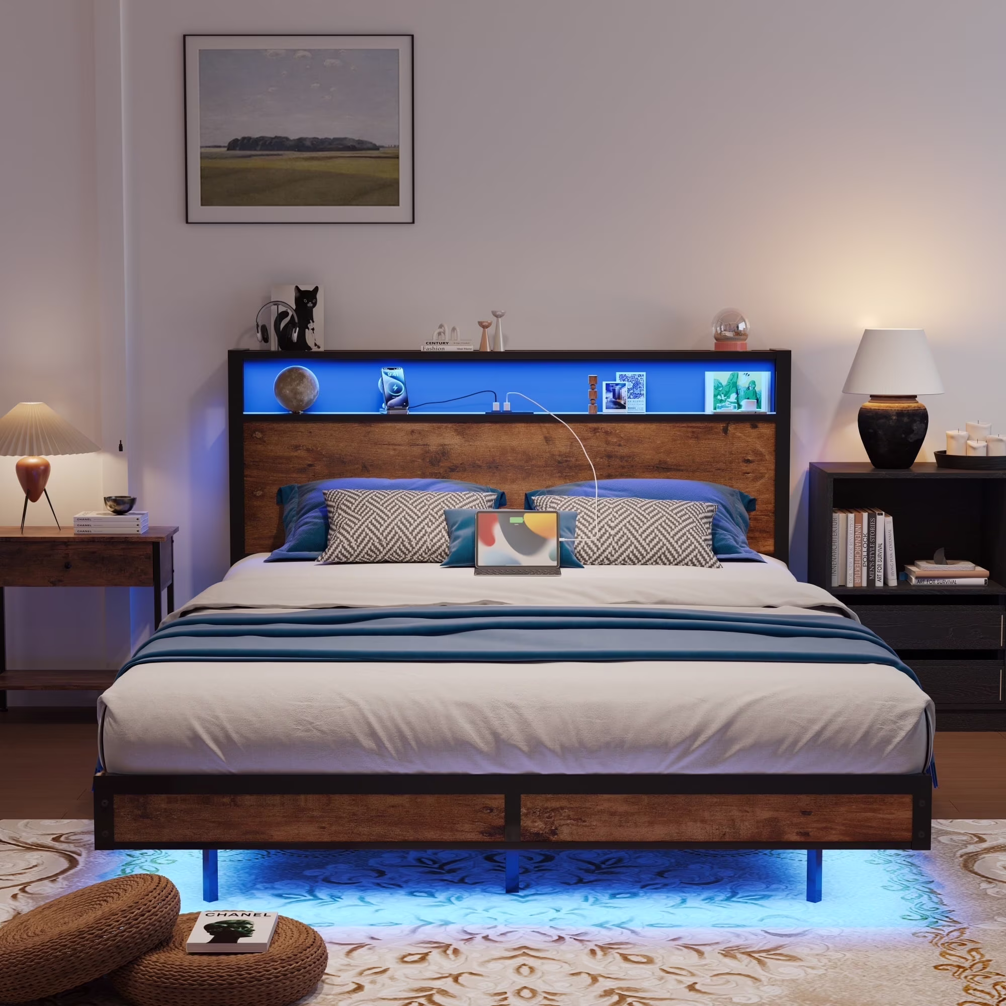 Sailvan Queen Bed Frame, Platform Bed Frame Queen Size with Headboard and Storage Shelves, LED Light with Metal Slats, Outlets & USB, Dark Brown, Mattress Not Included