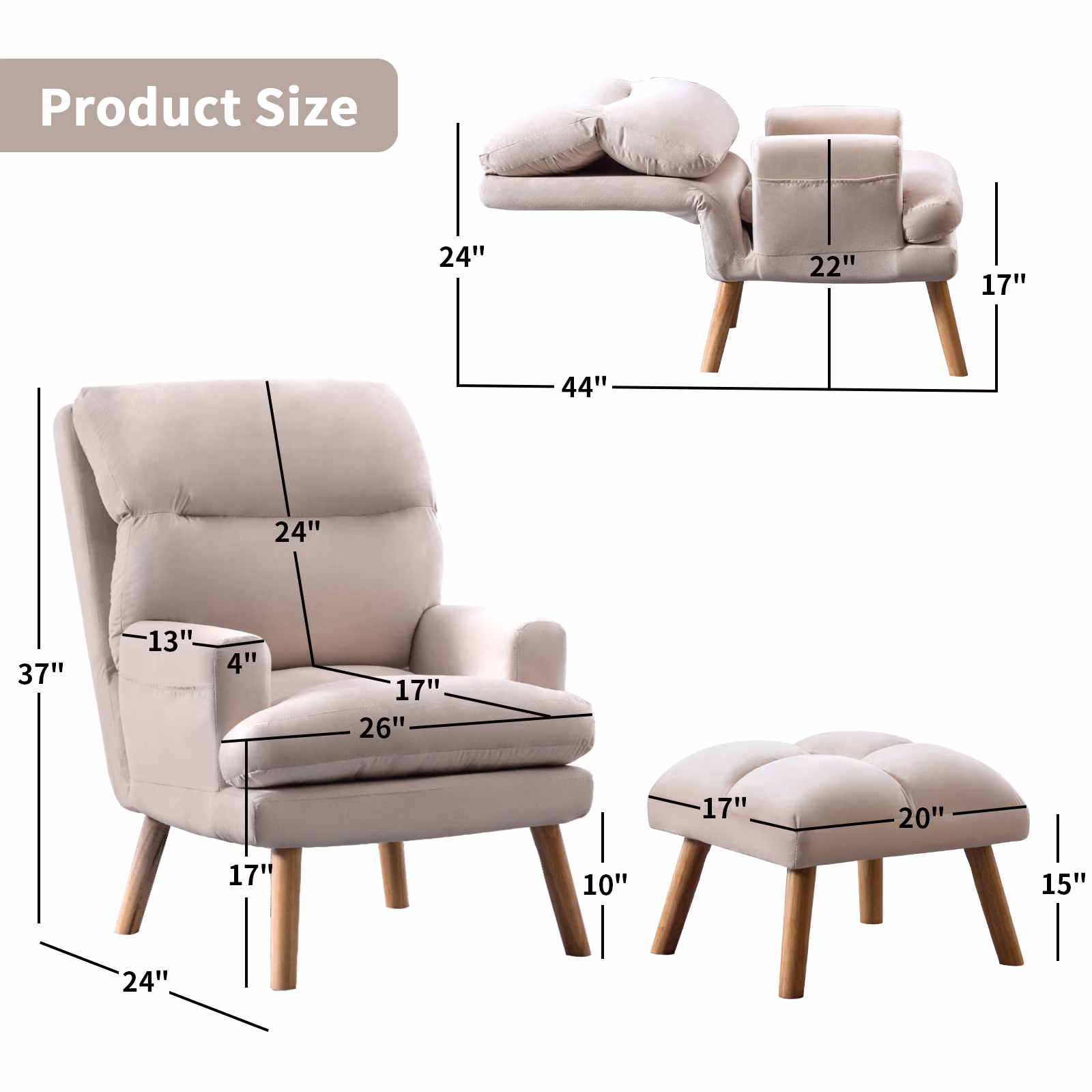 Bonzy Home Modern Adjustable Back Accent Chair with Ottoman, Reclining Reading Lounge Chair with Removable Cushion, Velvet Fabric Seating for Living Room, Bedroom & Balcony, Beige