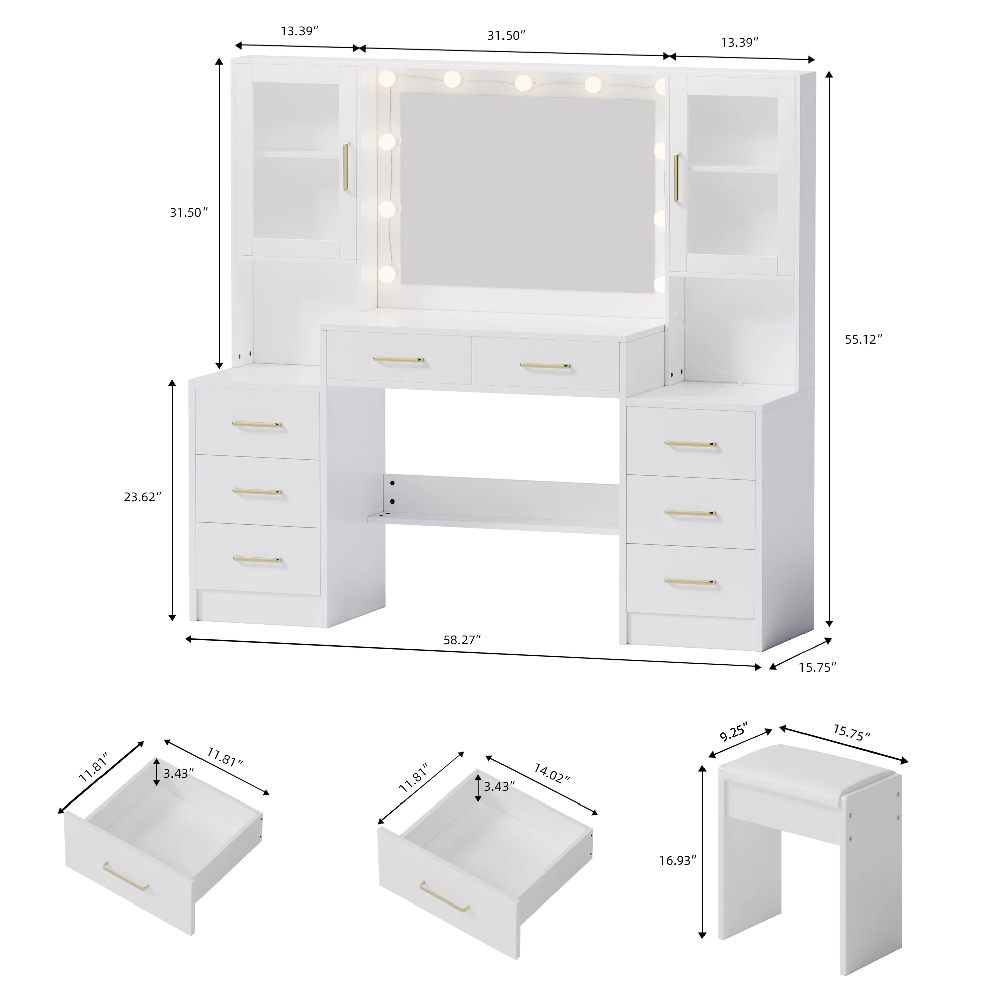 UGTOO 58.3" White Vanity Desk with Mirror, Adjustable Lighting, Power Outlet, Drawers, with Stool