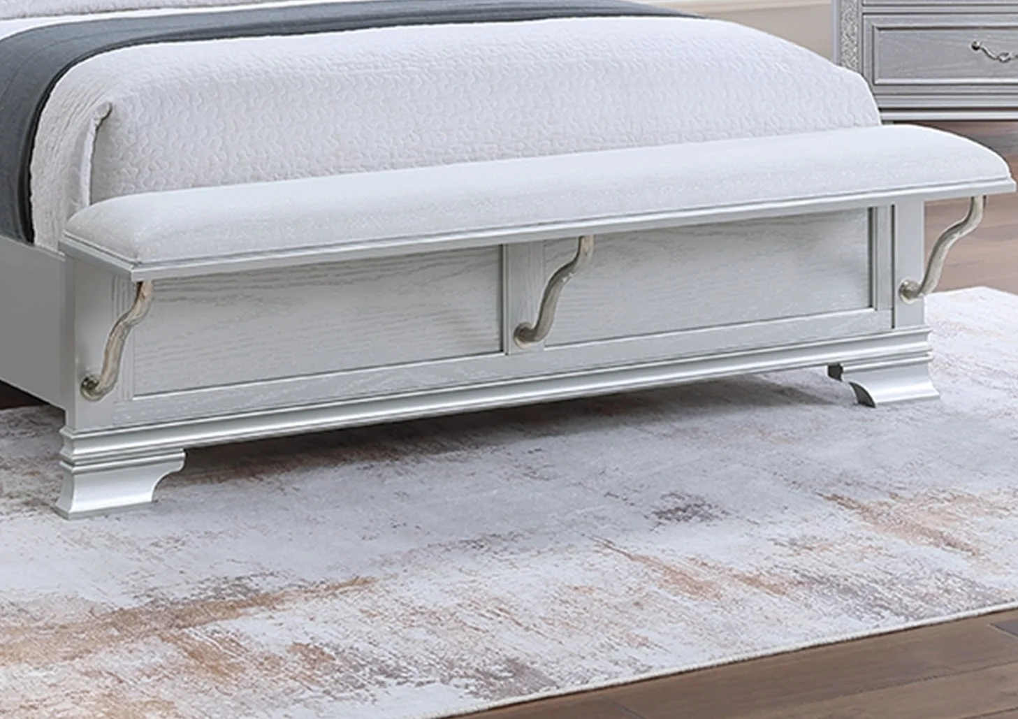 Queen Bed Frame: Gray Fabric Upholstered, Built-in Bench &amp; LED Lights, Contemporary Bedroom Furniture, Pine/MDF, Modern Design, 64" HB