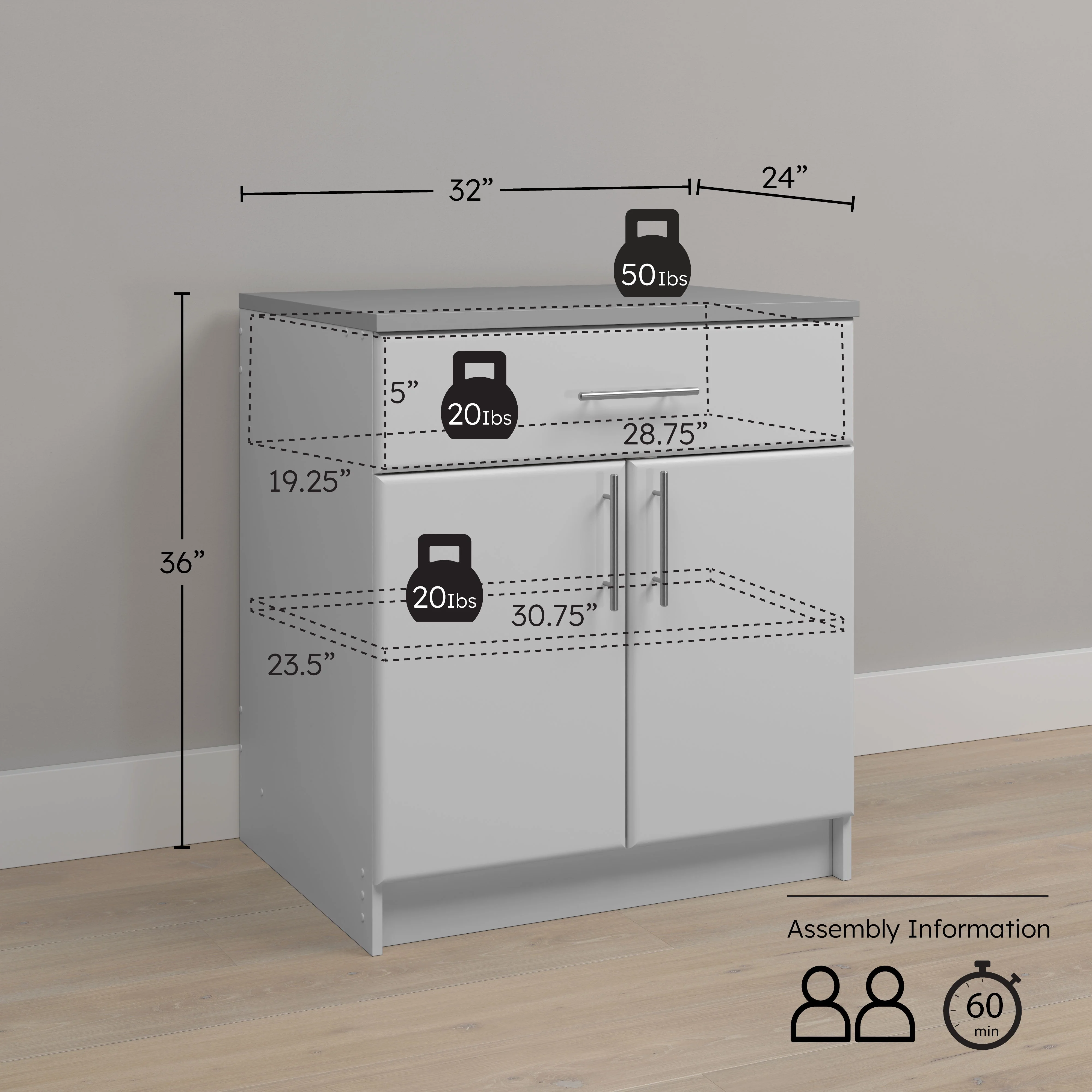 Prepac Elite 36" Tall Storage Cabinet with Doors and Shelves, Multipurpose Garage Cabinet with Large Drawer and Adjustable Shelf, Open Back Storage Furniture for Kitchen, Laundry Room, Garage, White