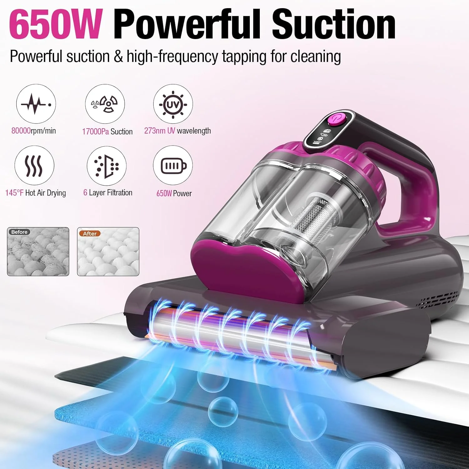 Mattress Vacuum Cleaner, 17Kpa 650W Bed Vacuum with 273nm -C Light & 145  F Heating, 80000 RPM Brushroll for Pillows, Cribs, Sofa - Black Corded