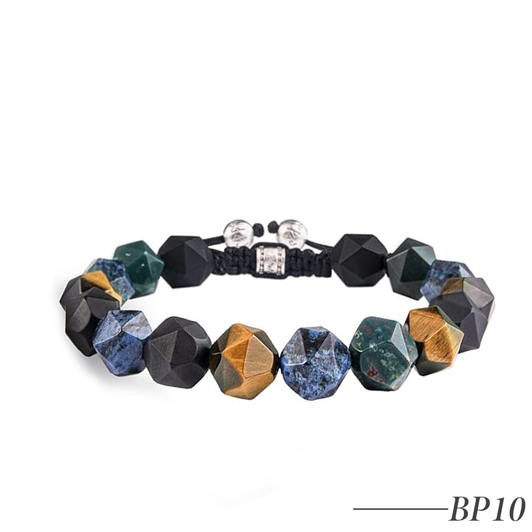 BP10-Men's Multicolor Natural Stone Beaded Bracelet with Sterling Silver Clasp 10mm Adjustable Bracelet