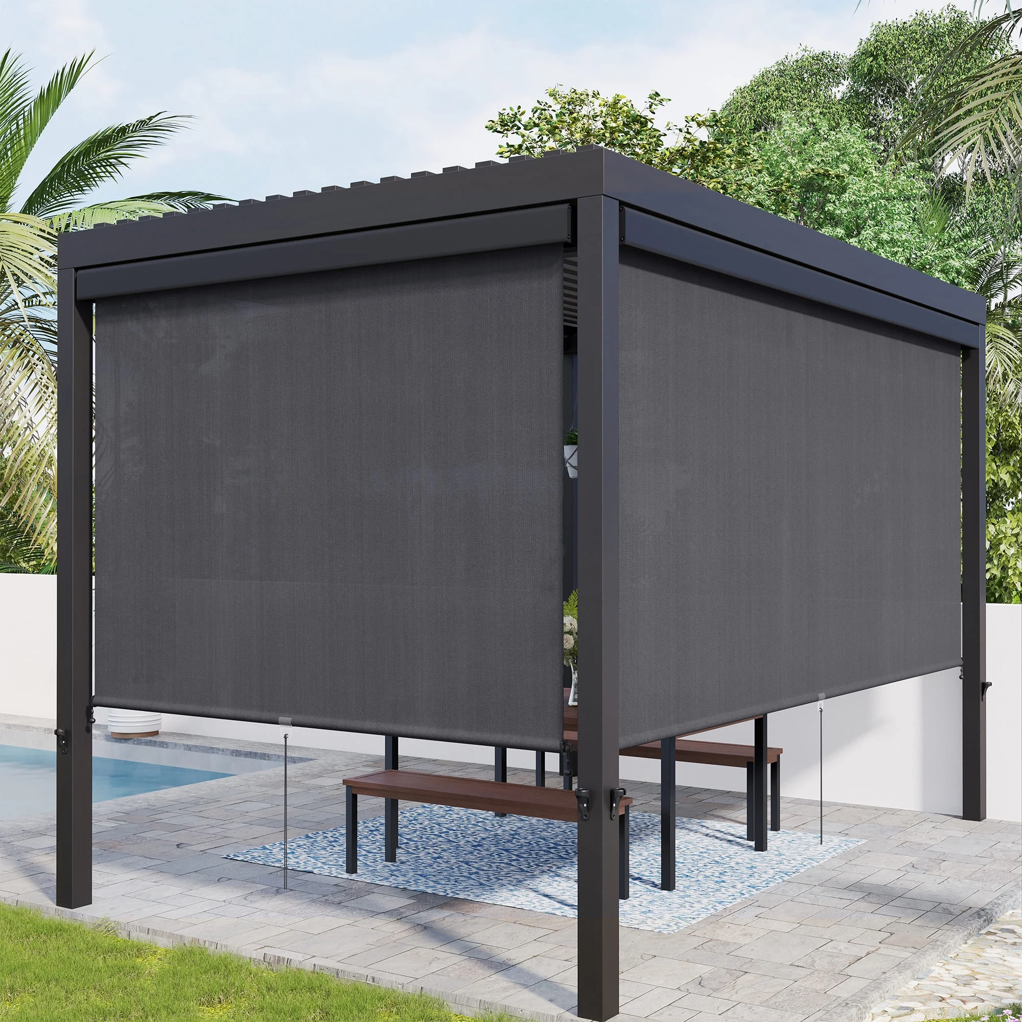 Vicllax Outdoor Patio Blinds Sun Shades Spring Roller Shade with Valance for Patio, Gray, 8'Wx8'H