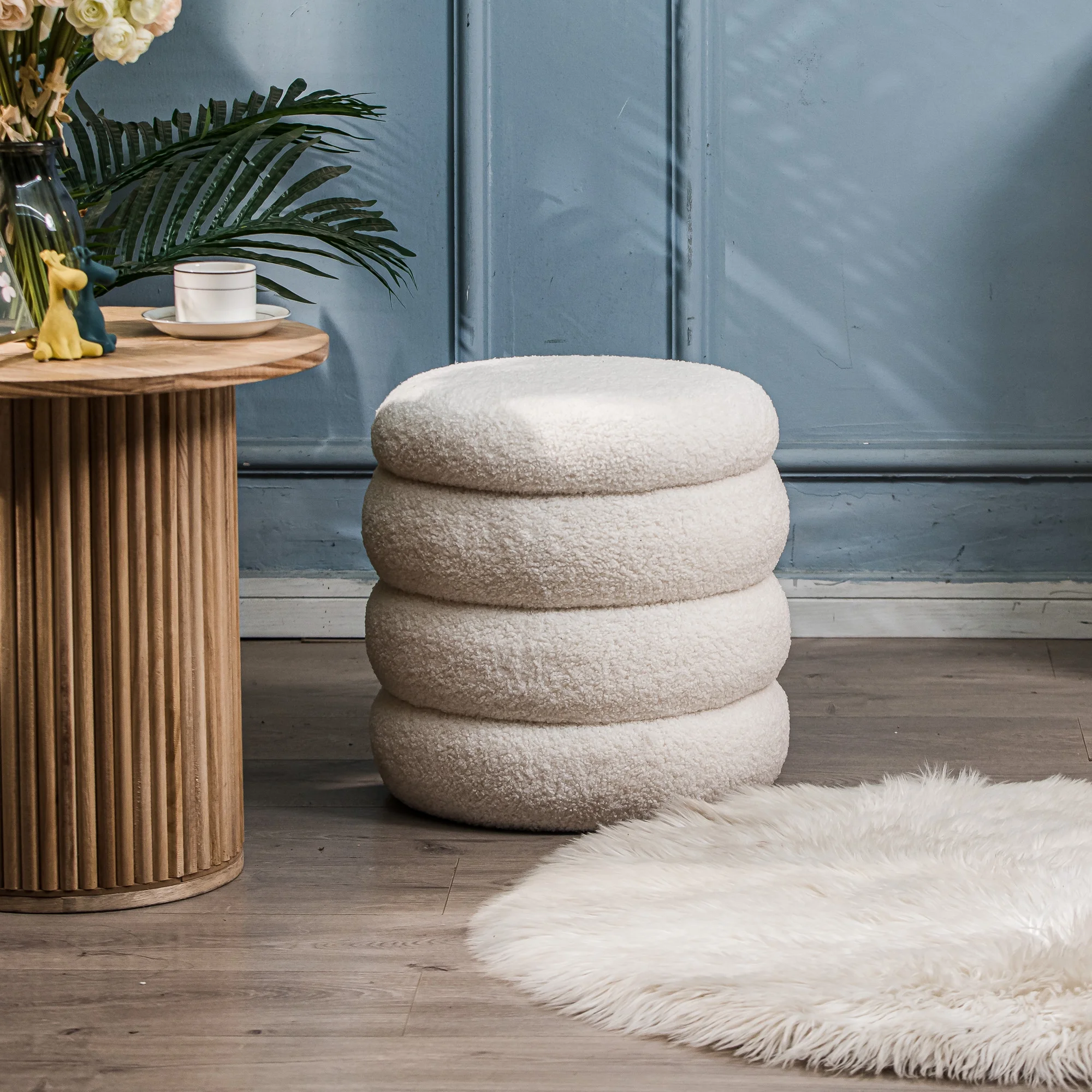 White Boucle Pouf with Storage Vintage Style Living Room