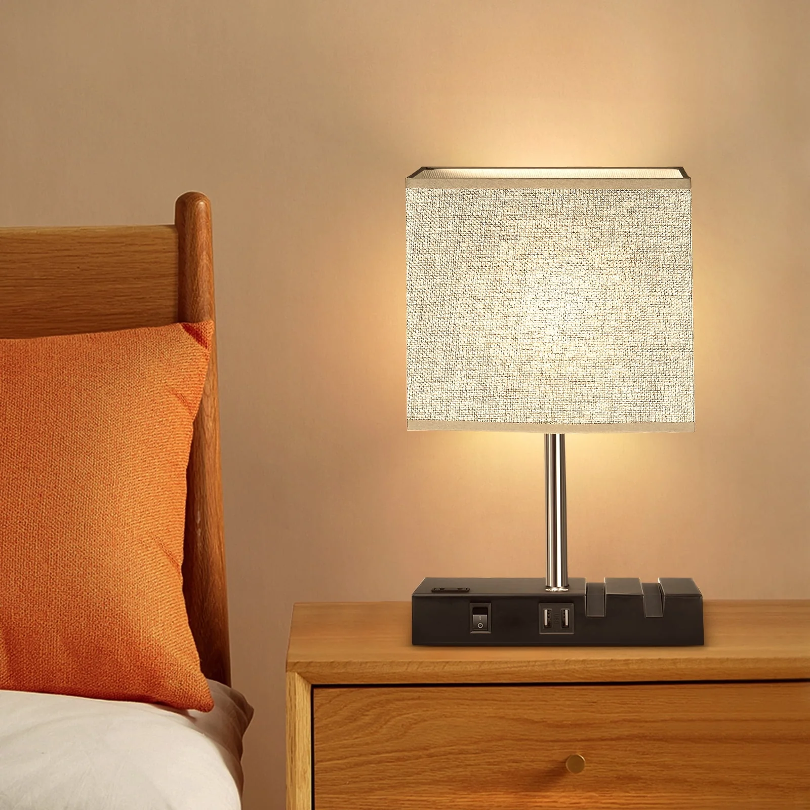 Touch Control Table Lamp with 2 USB Charging Ports, 1 AC Outlets and 2 Phone Stands, Modern USB Desk Lamp with Black Wooden Base and Grey Shade Suitable for Bedroom, Living Room