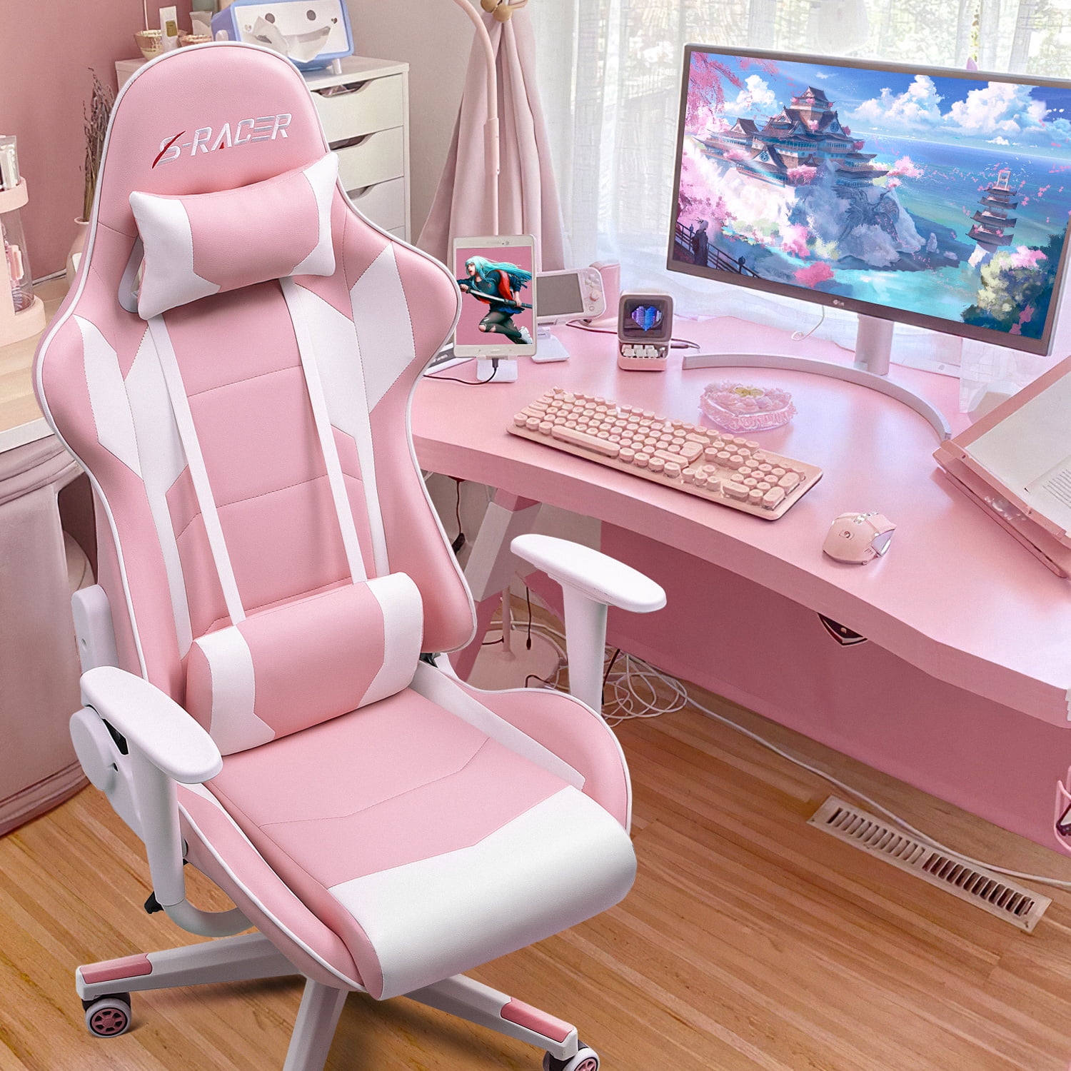 Homall Gaming Chair office Chair with Headrest & Lumbar Support, Pink