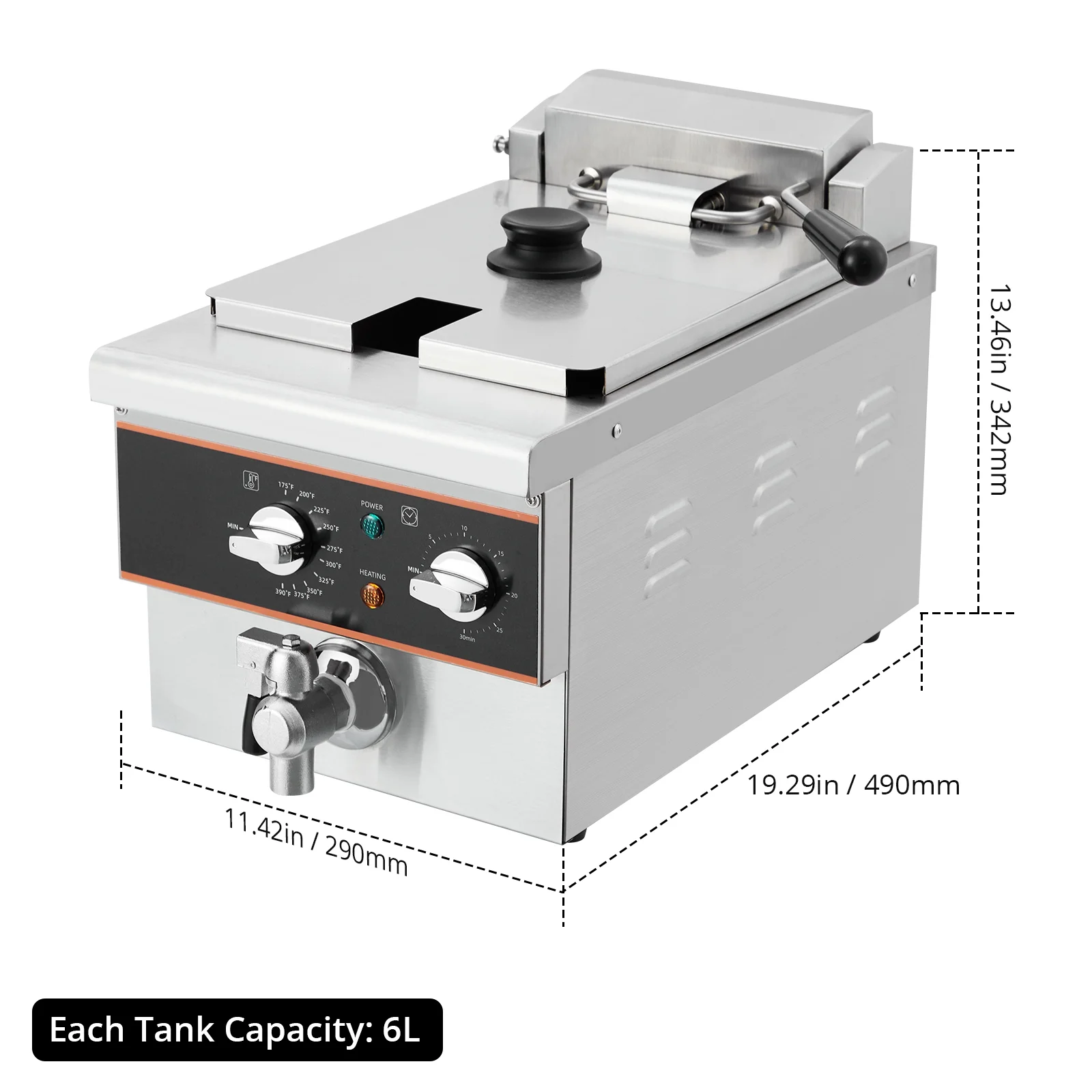 Aoile 6.3 Qt Commercial Electric Deep Fryer with Basket, Timer & Drain, Countertop Oil Fryer in Stainless Steel